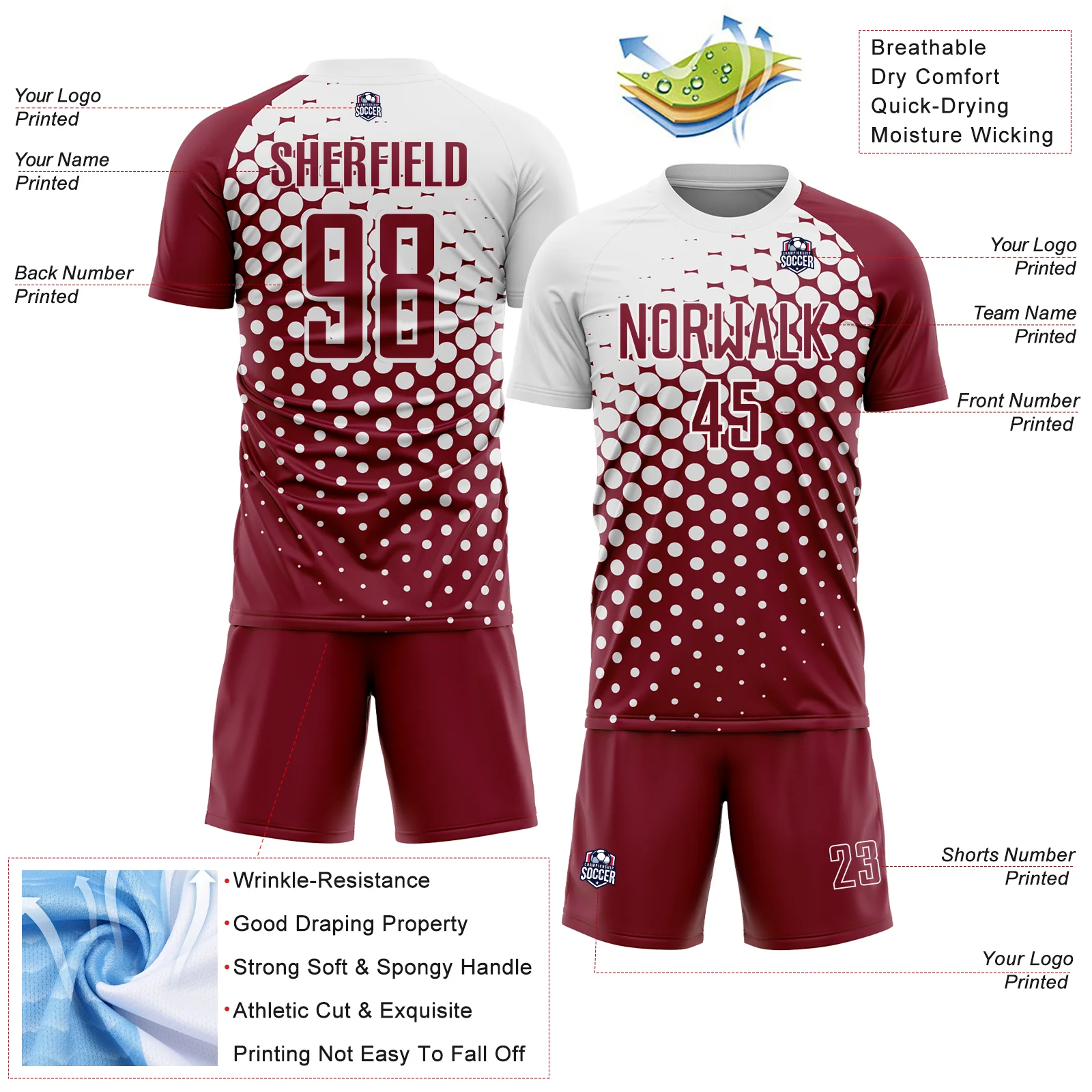 Custom Crimson White Modern Polka Dot Sublimation Soccer Uniform Jersey - Image 4