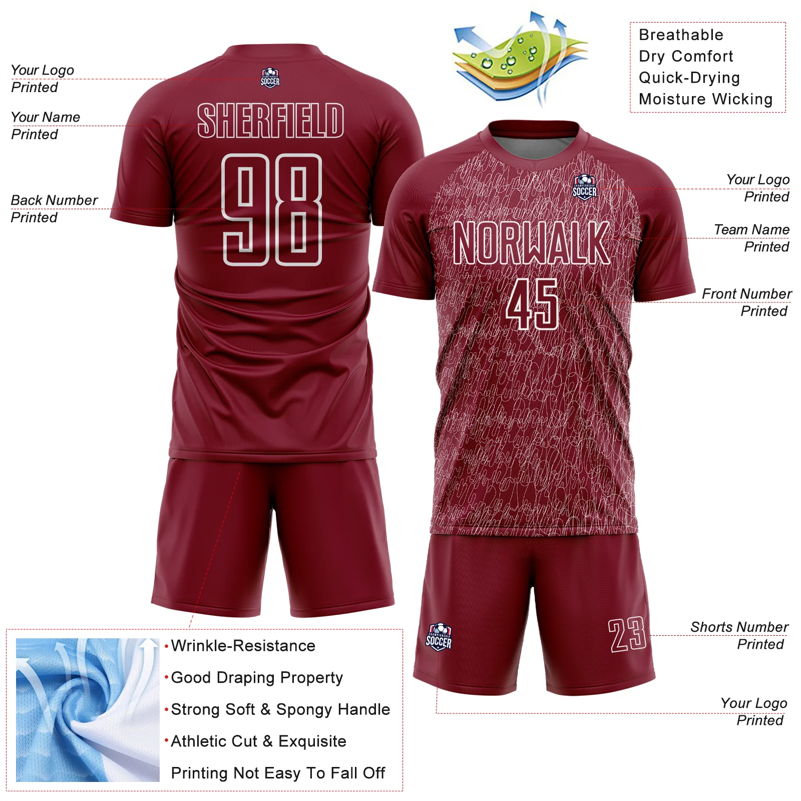 Custom Crimson White Abstract Scribble Curve Line Pattern Sports Sublimation Soccer Uniform Jersey - Image 4