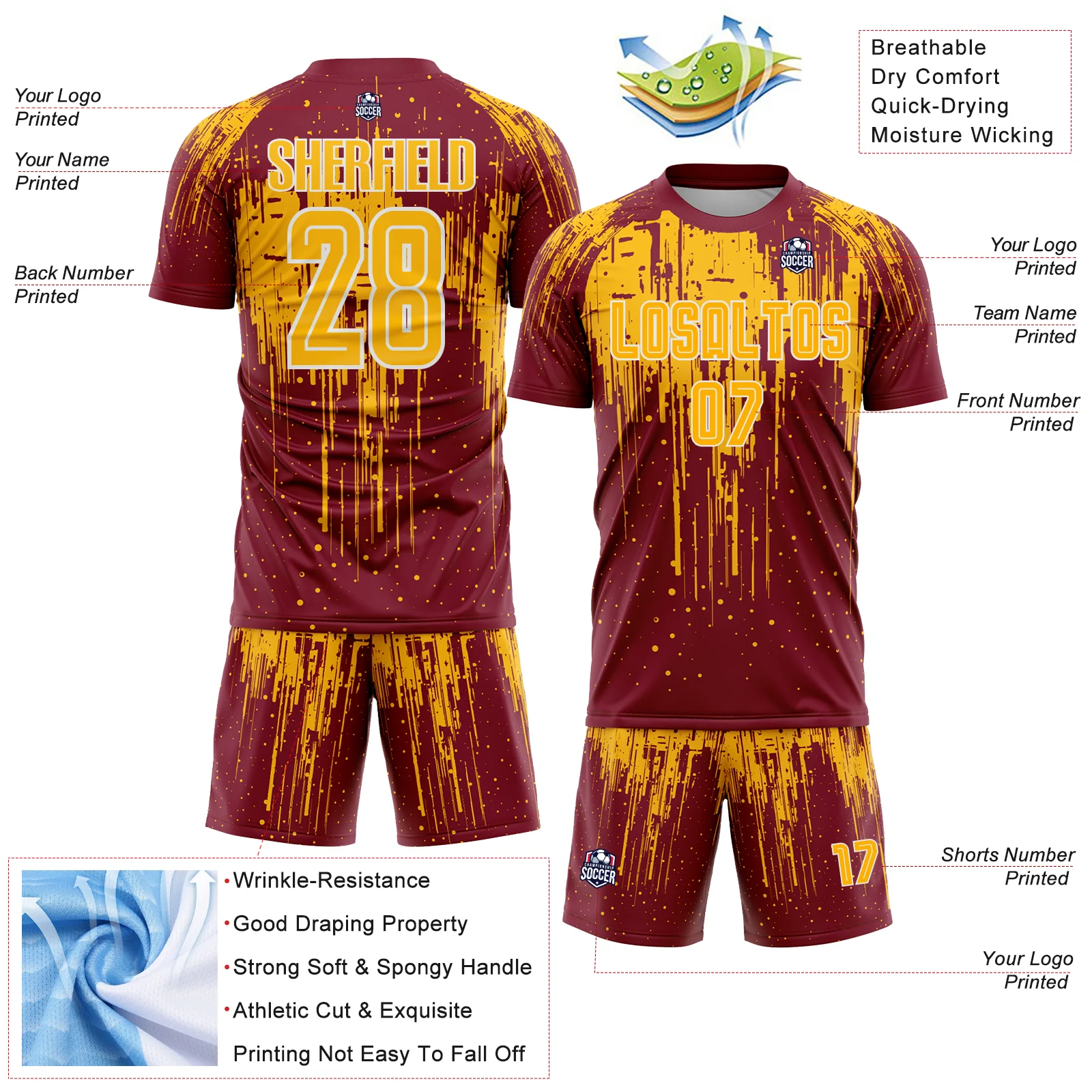 Custom Crimson Gold-White Dripping Splatte Pattern Sports Sublimation Soccer Uniform Jersey - Image 4