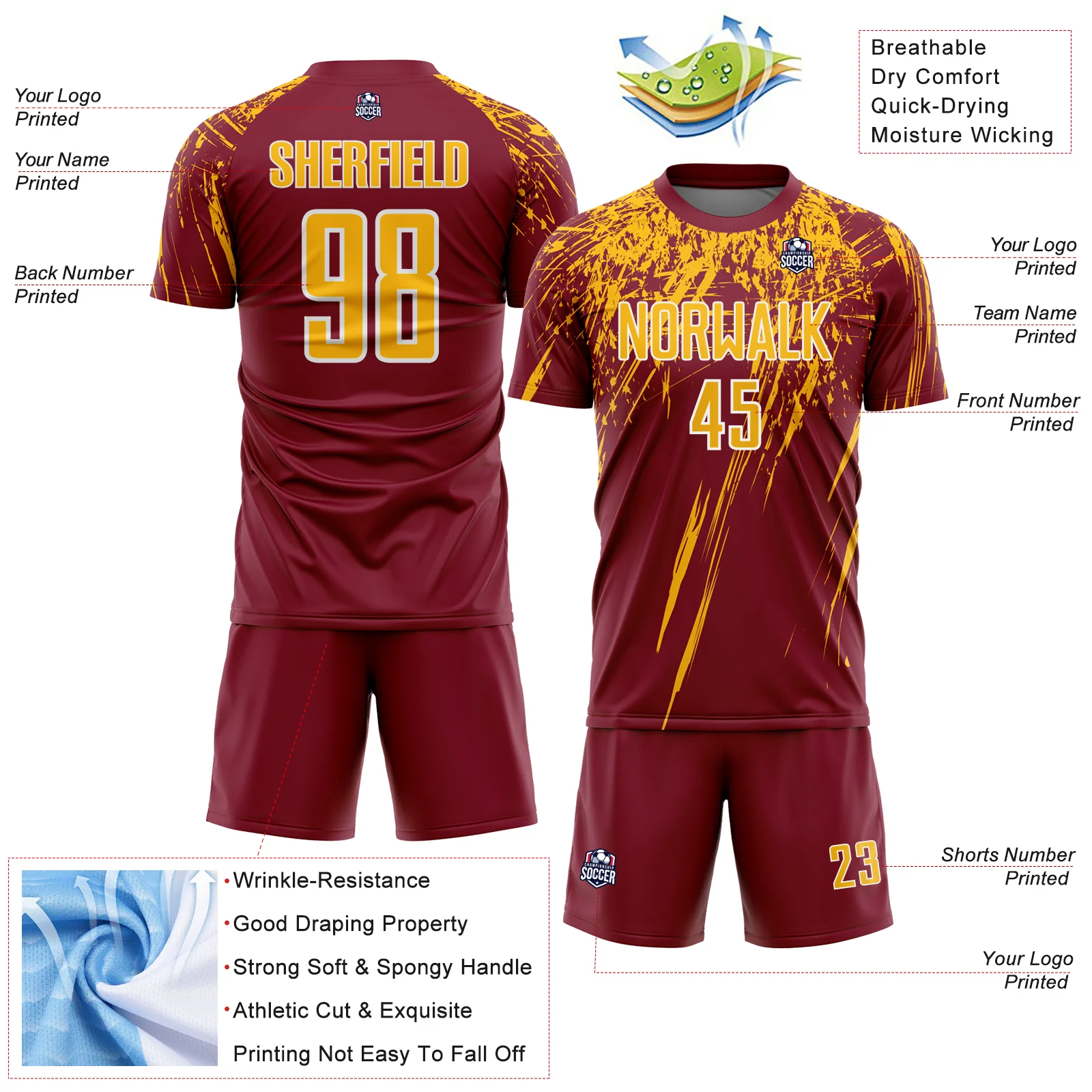 Custom Crimson Gold-White Splash Sports Sublimation Soccer Uniform Jersey - Image 4