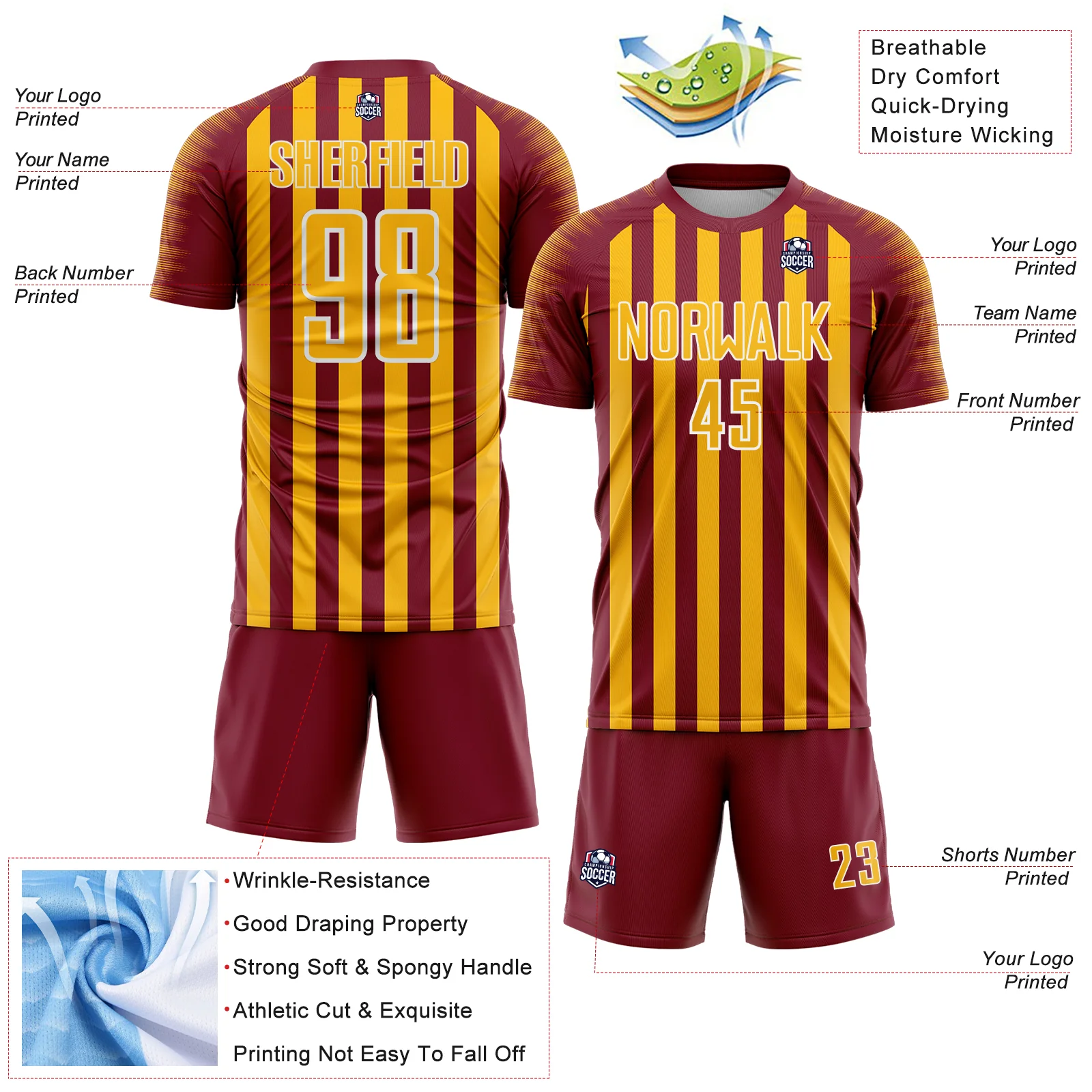 Custom Crimson Gold-White Stripe Sports Sublimation Soccer Uniform Jersey - Image 4