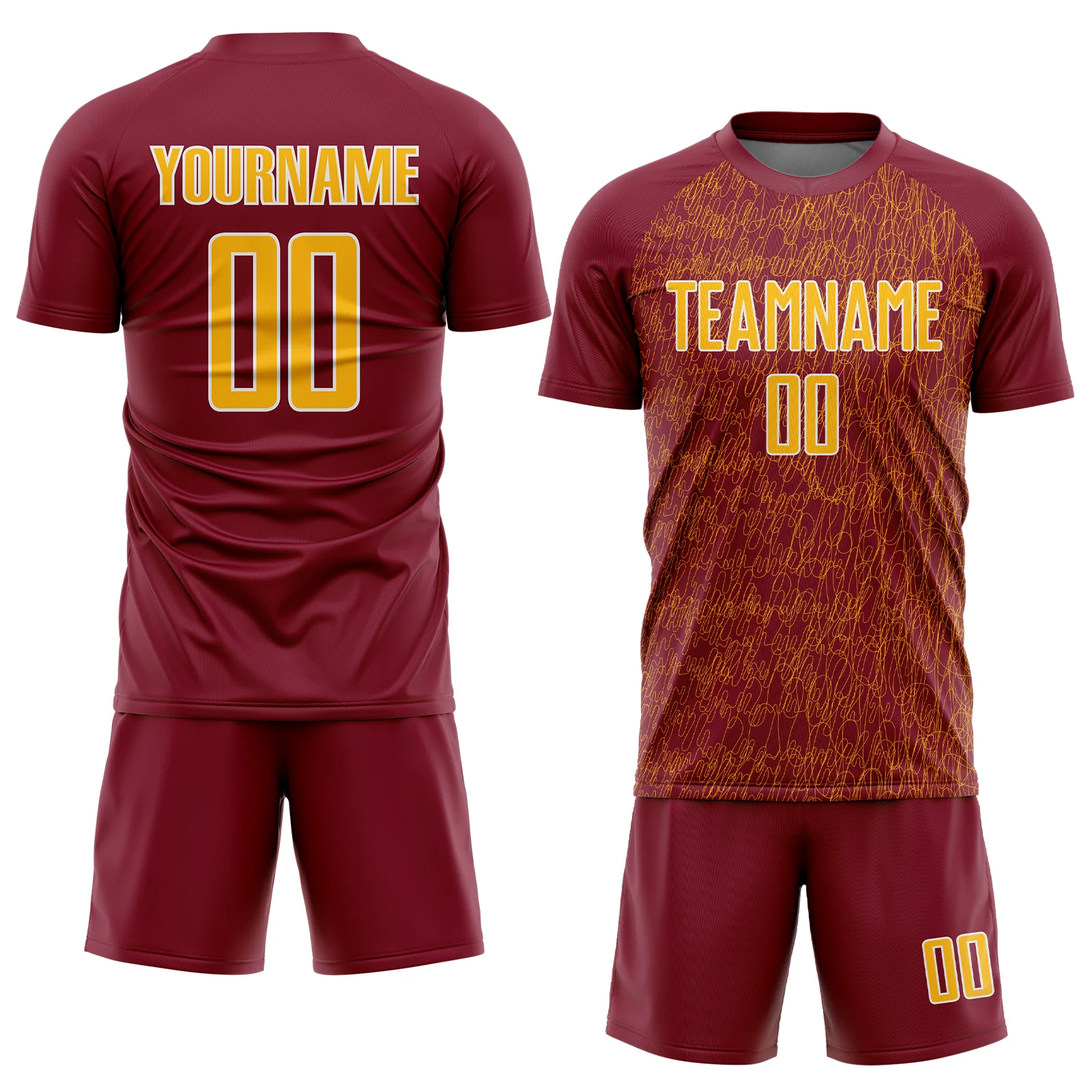 Custom Crimson Gold-White Abstract Scribble Curve Line Pattern Sports Sublimation Soccer Uniform Jersey - Image 2