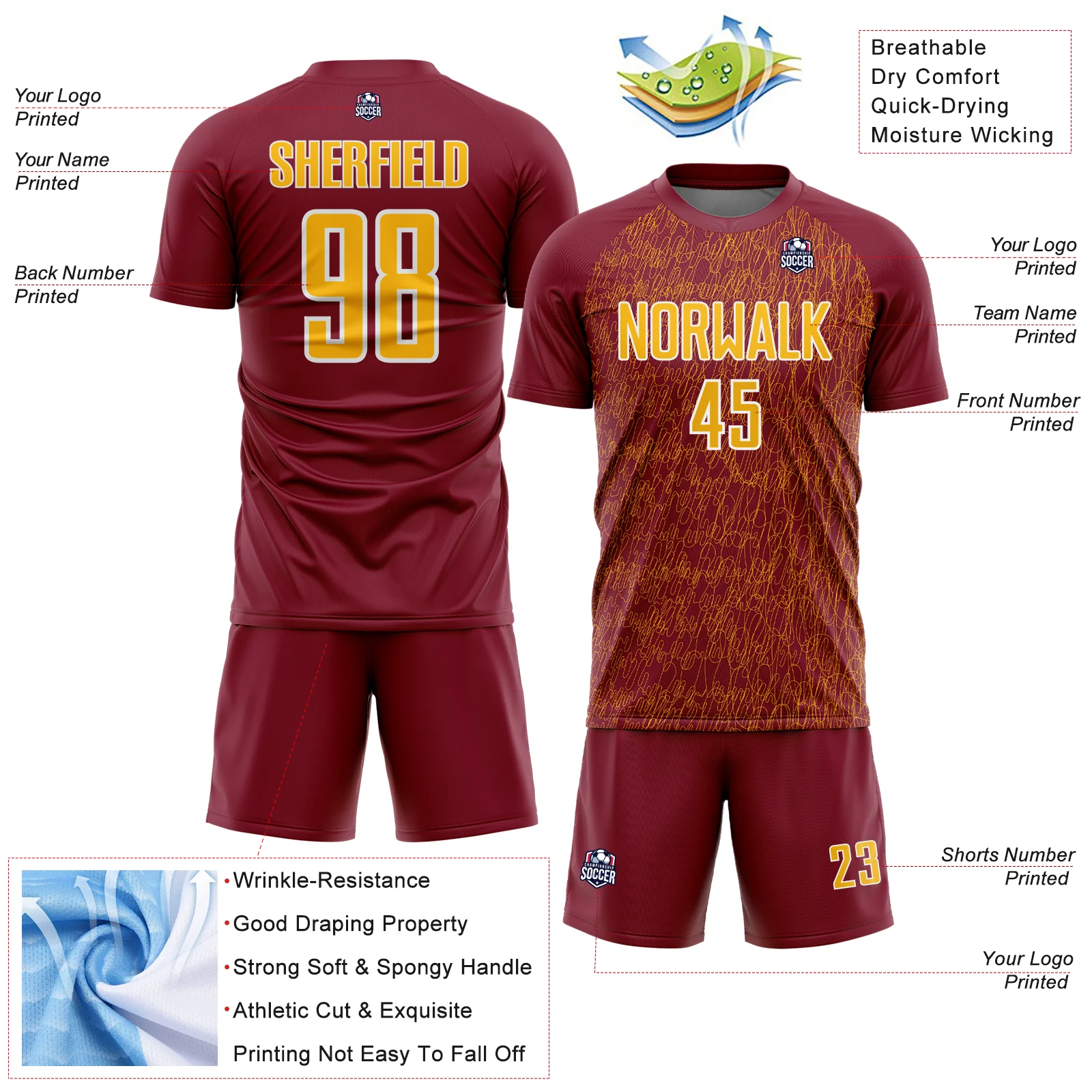 Custom Crimson Gold-White Abstract Scribble Curve Line Pattern Sports Sublimation Soccer Uniform Jersey - Image 4