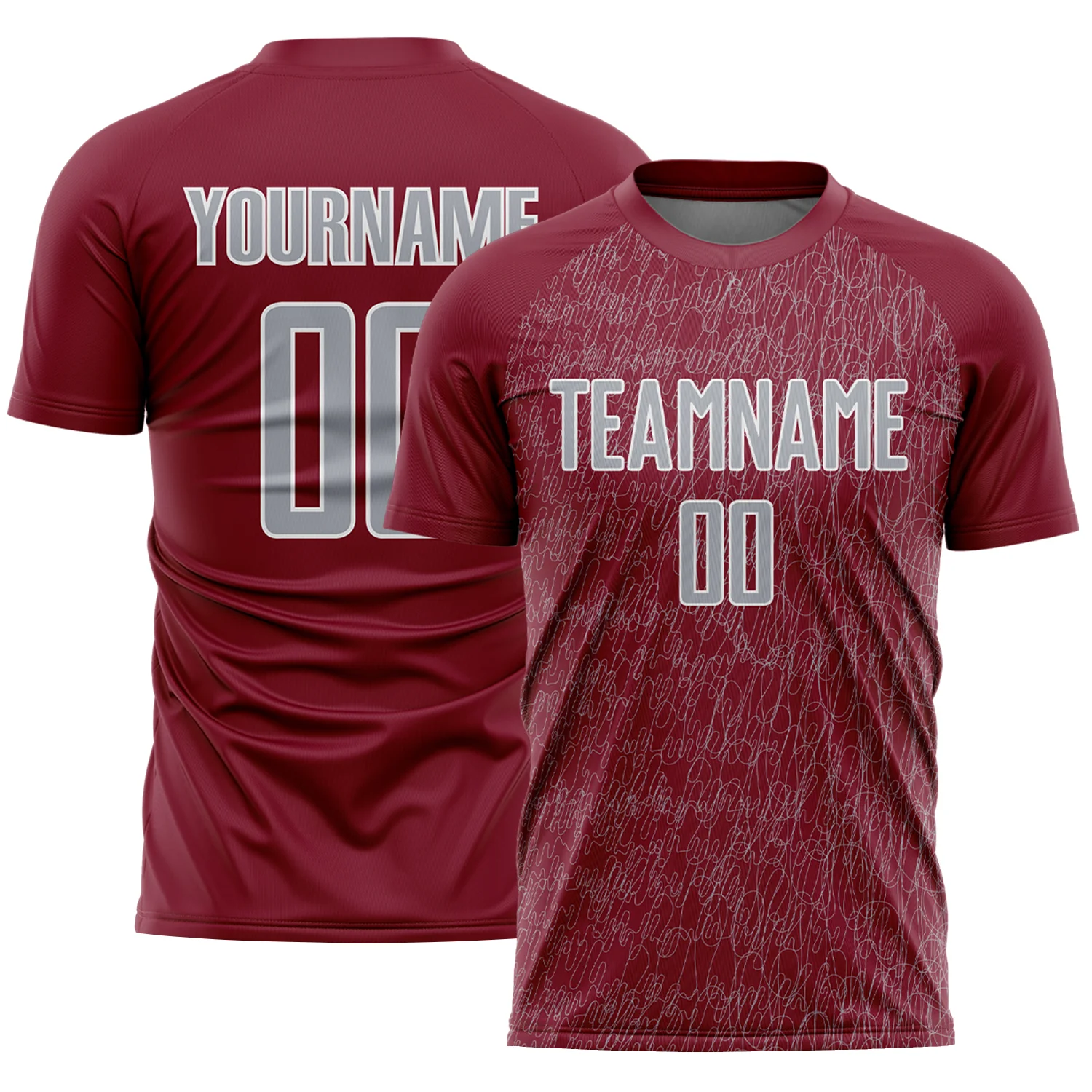 Custom Crimson Gray-White Abstract Scribble Curve Line Pattern Sports Sublimation Soccer Uniform Jersey
