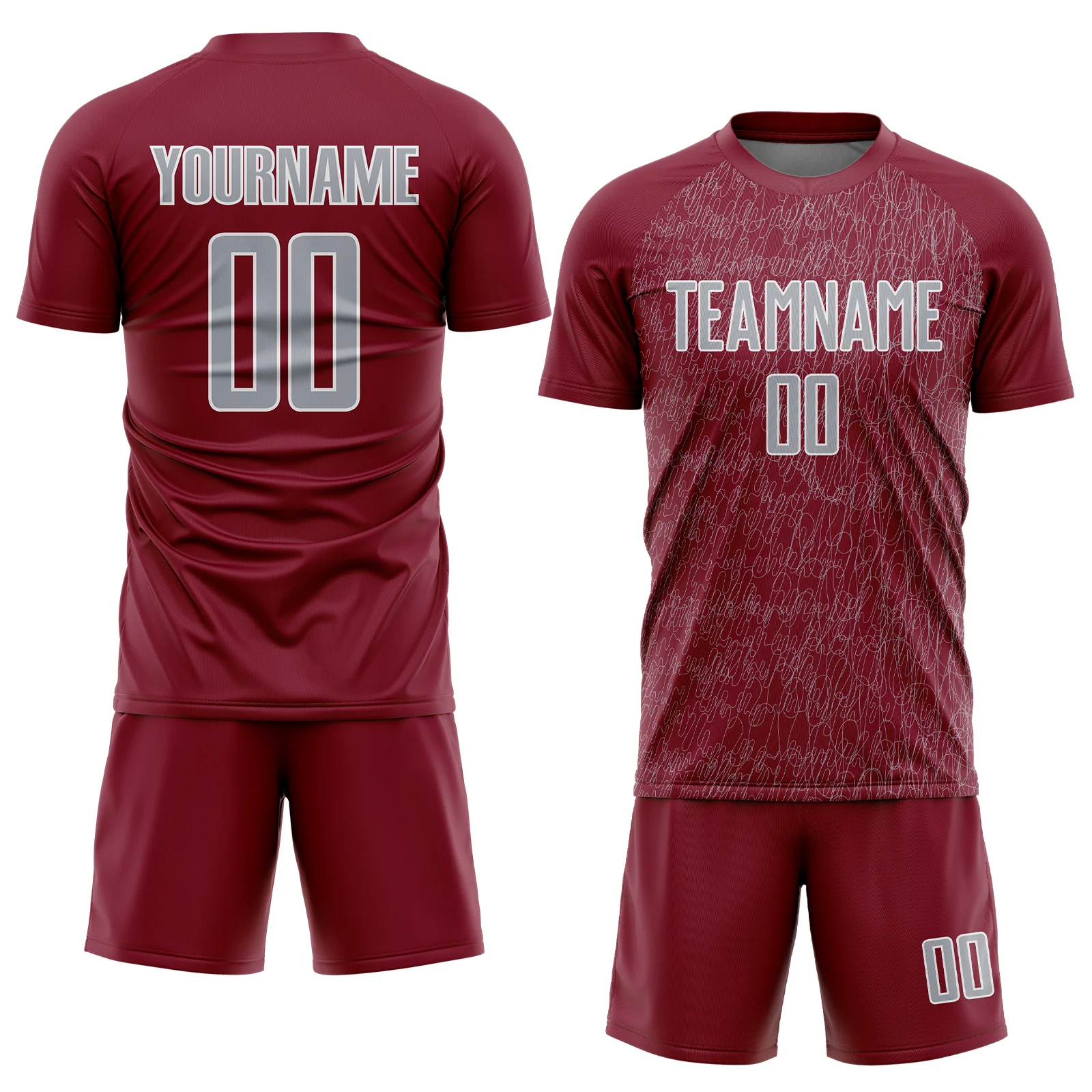 Custom Crimson Gray-White Abstract Scribble Curve Line Pattern Sports Sublimation Soccer Uniform Jersey - Image 2