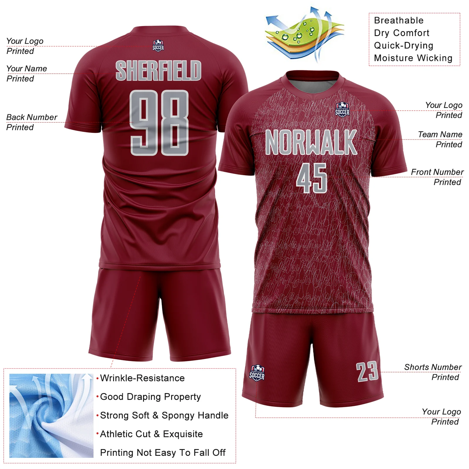 Custom Crimson Gray-White Abstract Scribble Curve Line Pattern Sports Sublimation Soccer Uniform Jersey - Image 4