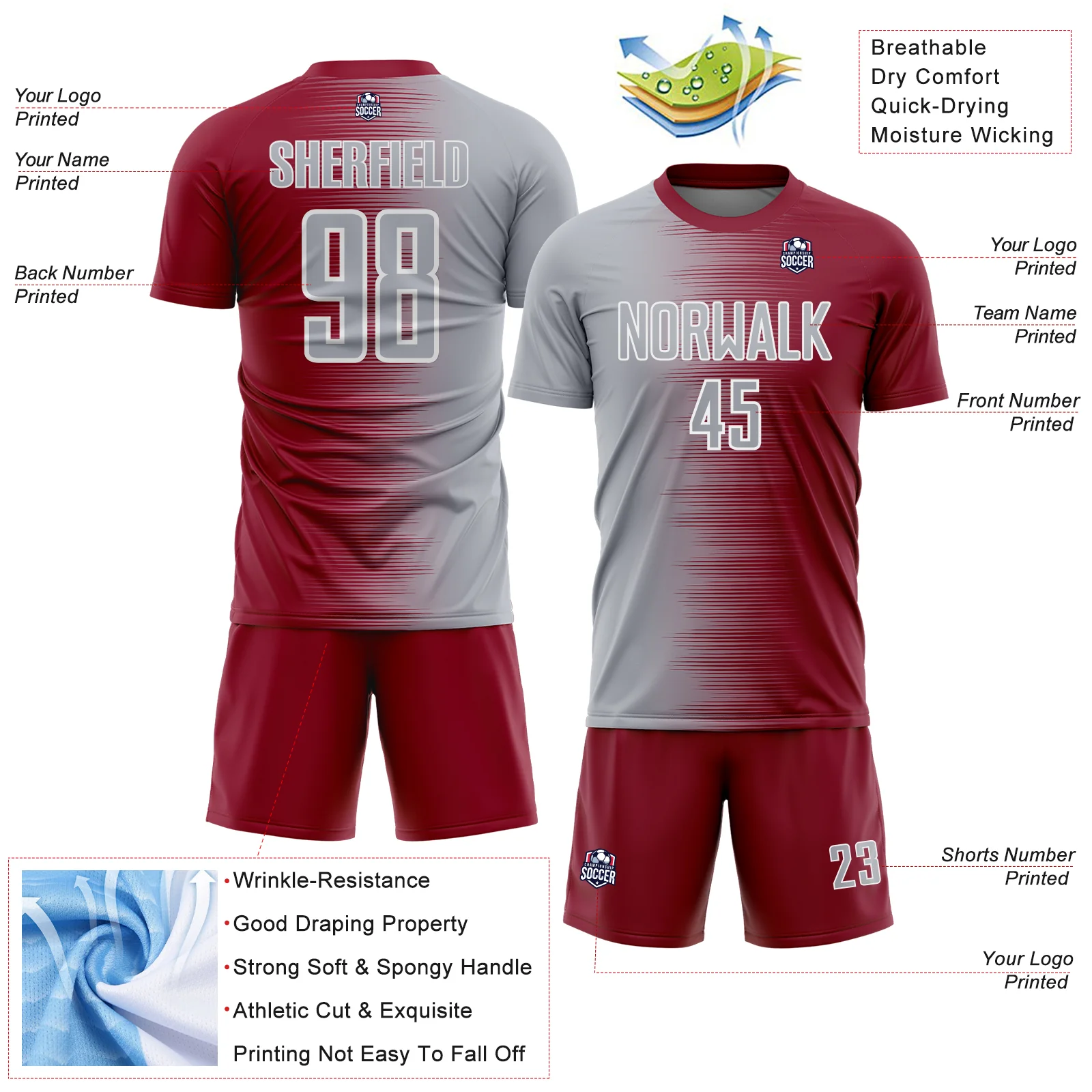 Custom Crimson Gray-White Gradient Line Sublimation Soccer Uniform Jersey - Image 4
