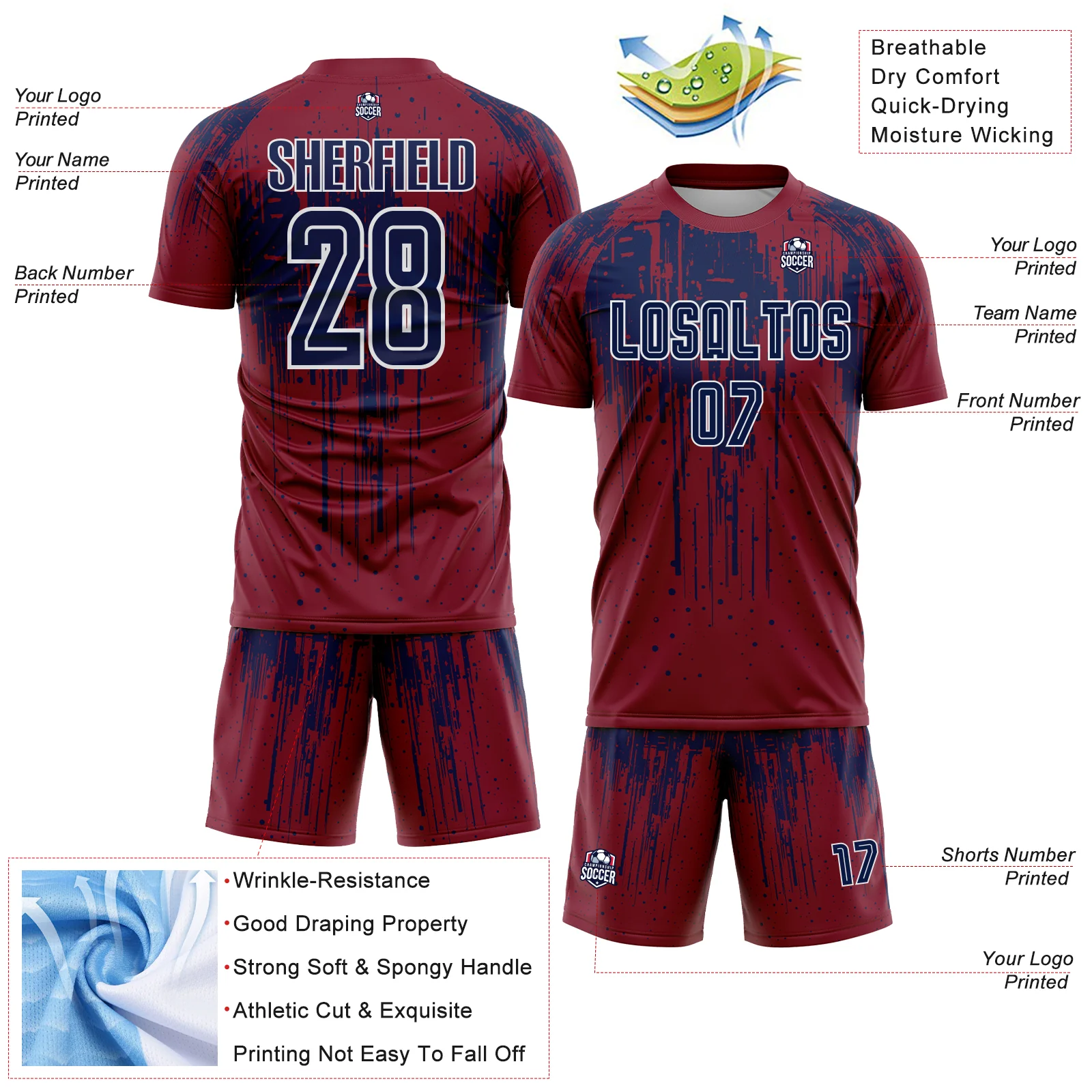 Custom Crimson Navy-White Dripping Splatte Pattern Sports Sublimation Soccer Uniform Jersey - Image 4