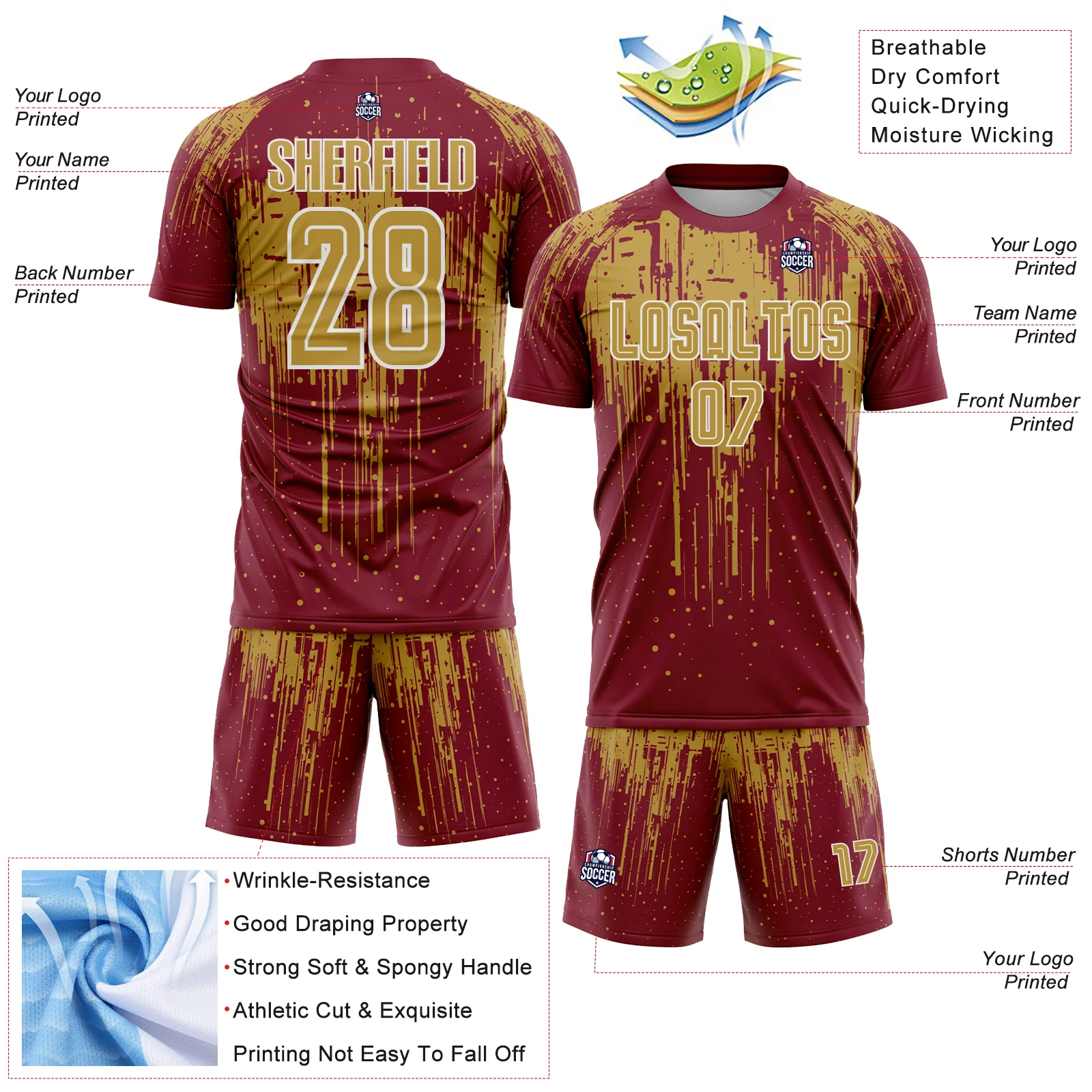 Custom Crimson Old Gold-White Dripping Splatte Pattern Sports Sublimation Soccer Uniform Jersey - Image 4
