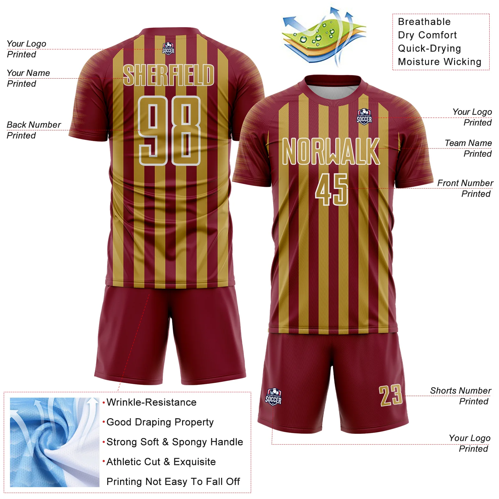 Custom Crimson Old Gold-White Stripe Sports Sublimation Soccer Uniform Jersey - Image 4