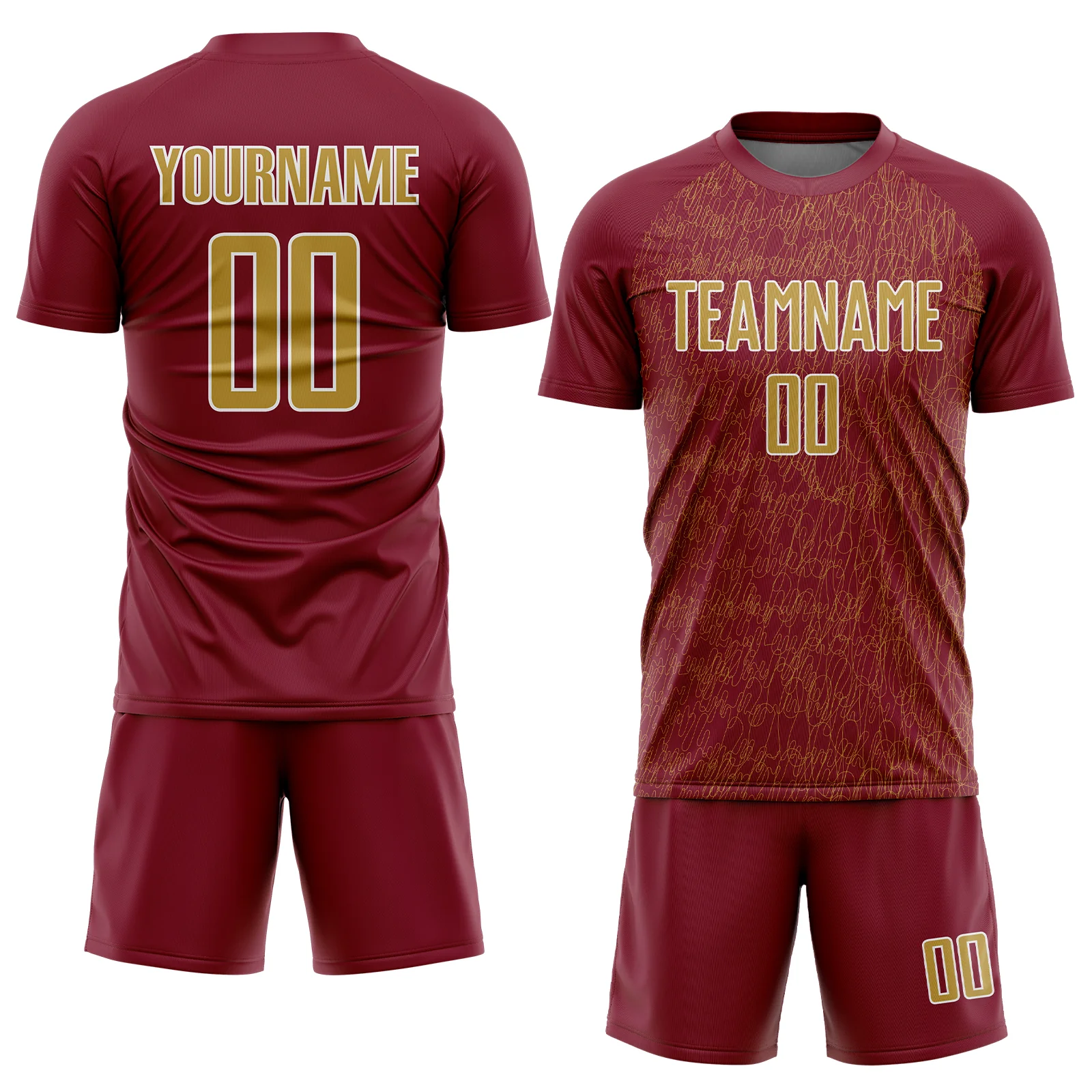 Custom Crimson Old Gold-White Abstract Scribble Curve Line Pattern Sports Sublimation Soccer Uniform Jersey - Image 2
