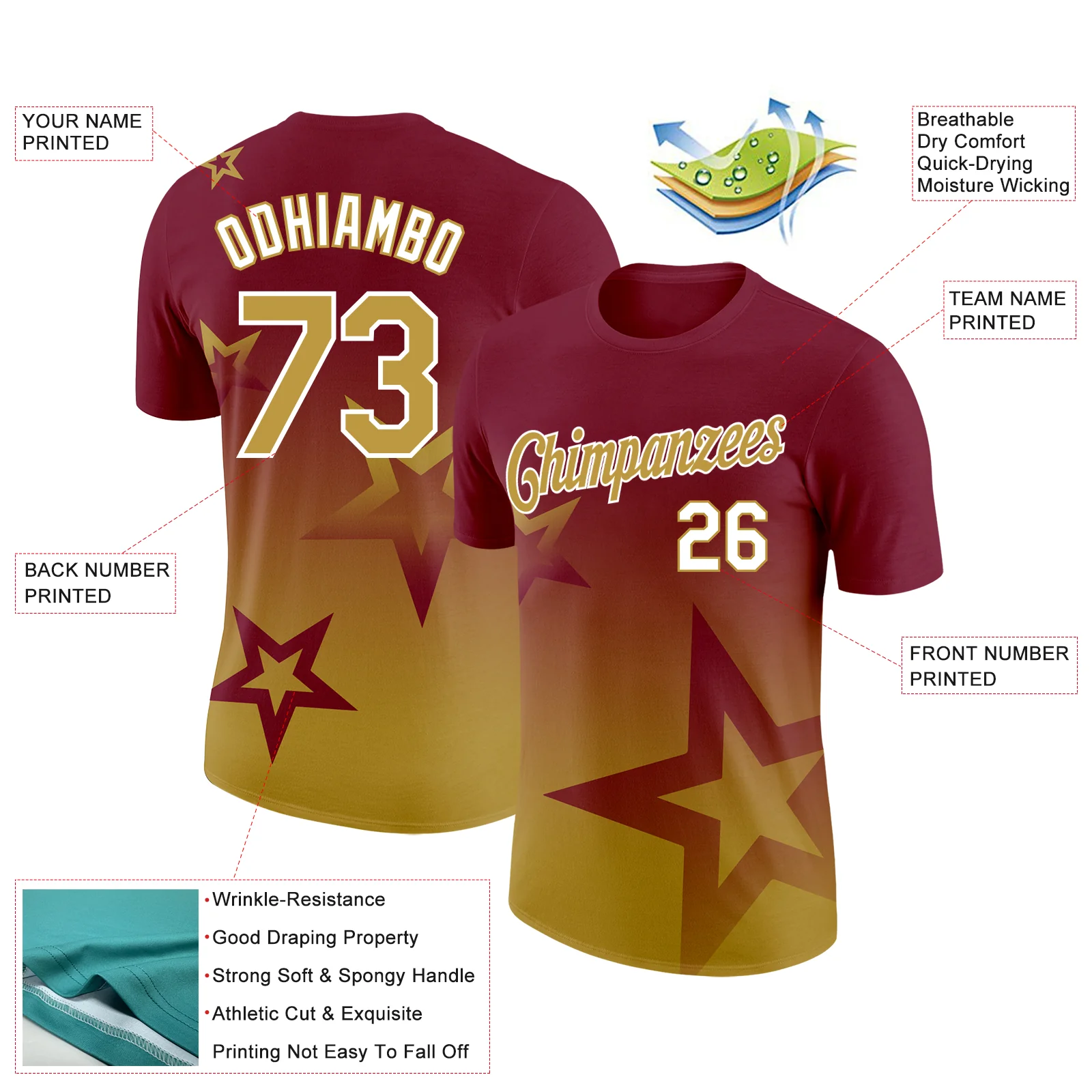Custom Crimson Old Gold-White 3D Pattern Design Gradient Style Twinkle Star Performance T-Shirt - Image 2