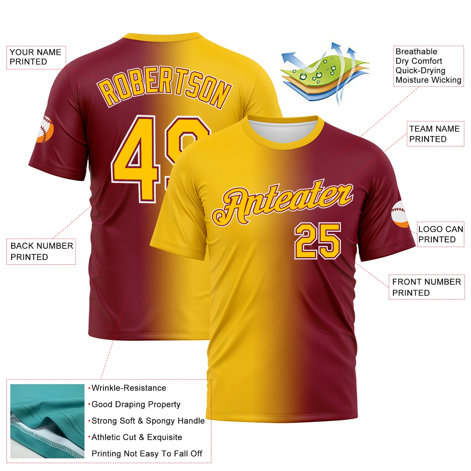 Custom Crimson Yellow-White Gradient Fashion Performance T-Shirt - Image 3