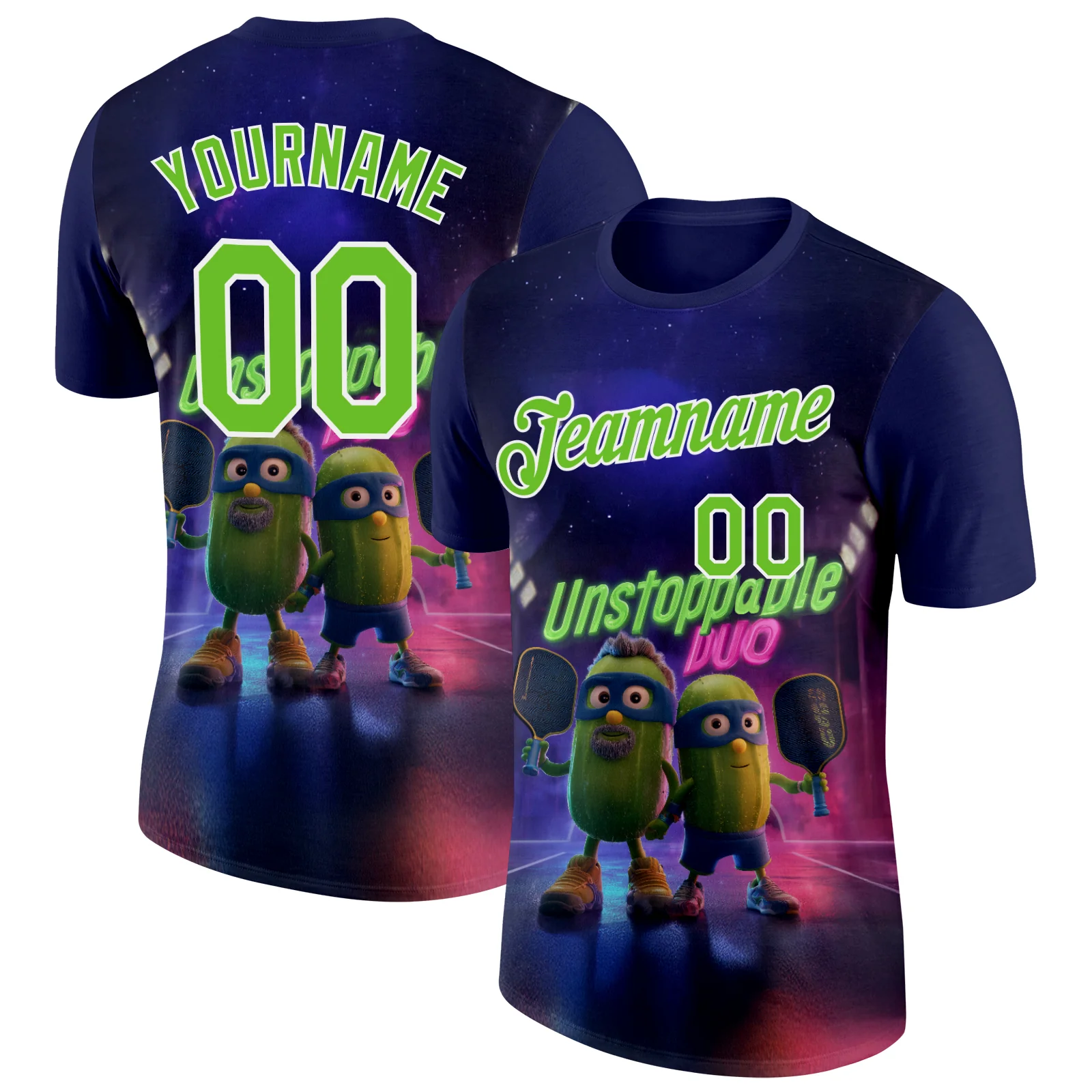 Custom Dark Purple Aurora Green-White 3D Funny Pickleball Paddles Performance T-Shirt