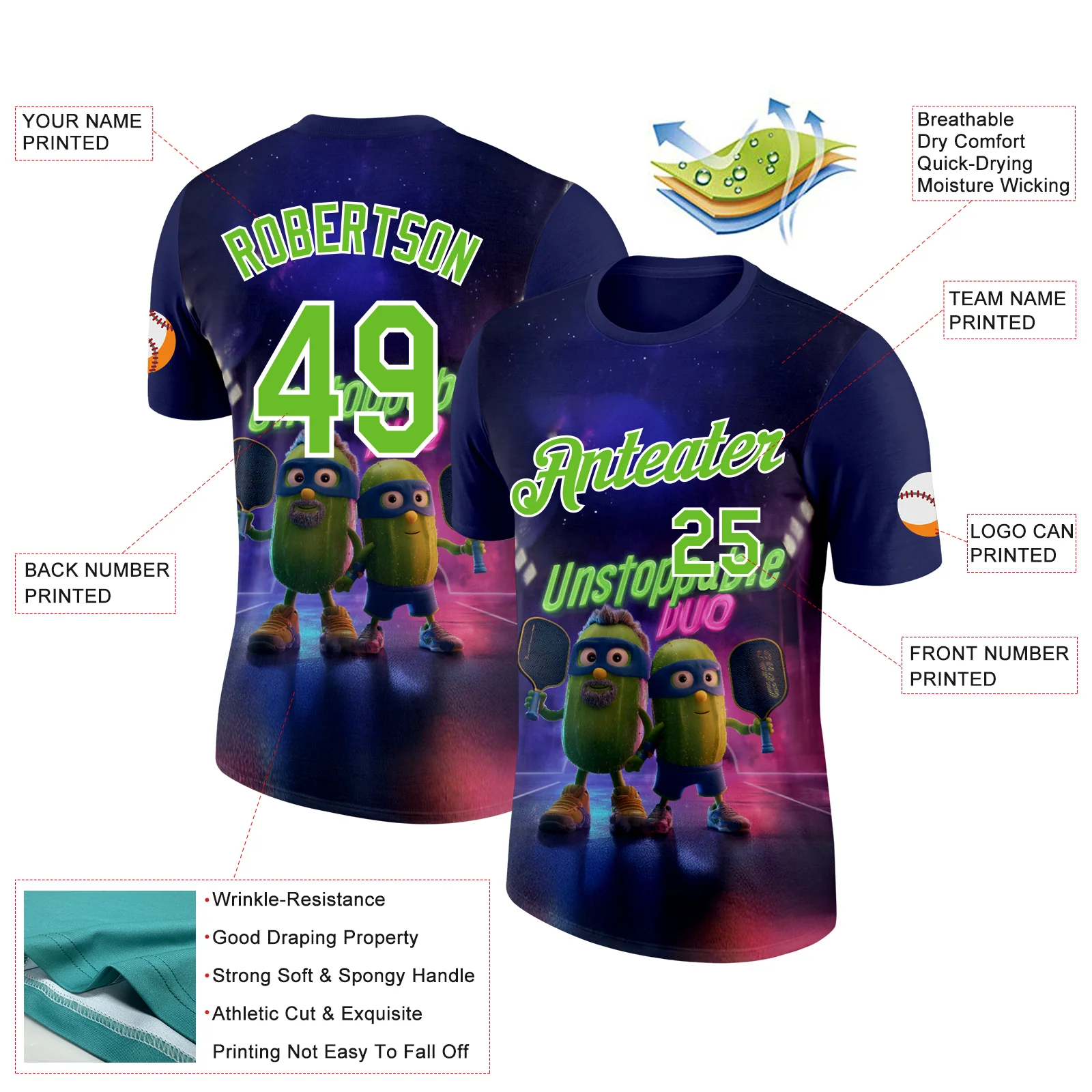 Custom Dark Purple Aurora Green-White 3D Funny Pickleball Paddles Performance T-Shirt - Image 2