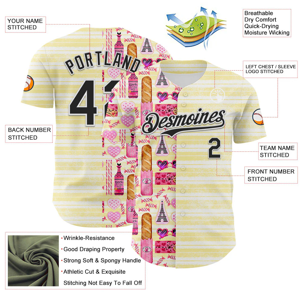Custom White Black 3D Emi Bee Parisian Valentine Authentic Baseball Jersey - Image 3