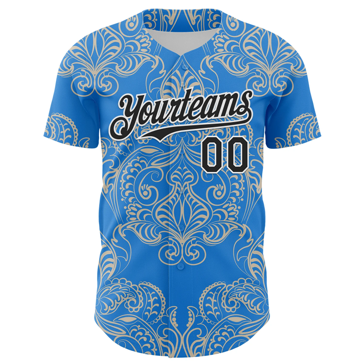 Custom Electric Blue Black-White 3D Pattern Design Burner Costumes Paisley Bandana Authentic Baseball Jersey - Image 2