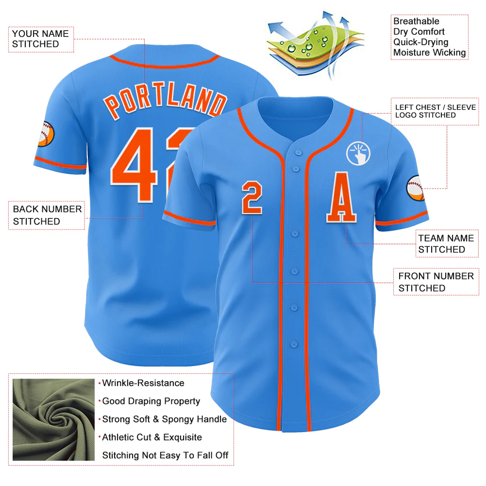 Custom Electric Blue Orange-White Authentic Baseball Jersey - Image 2