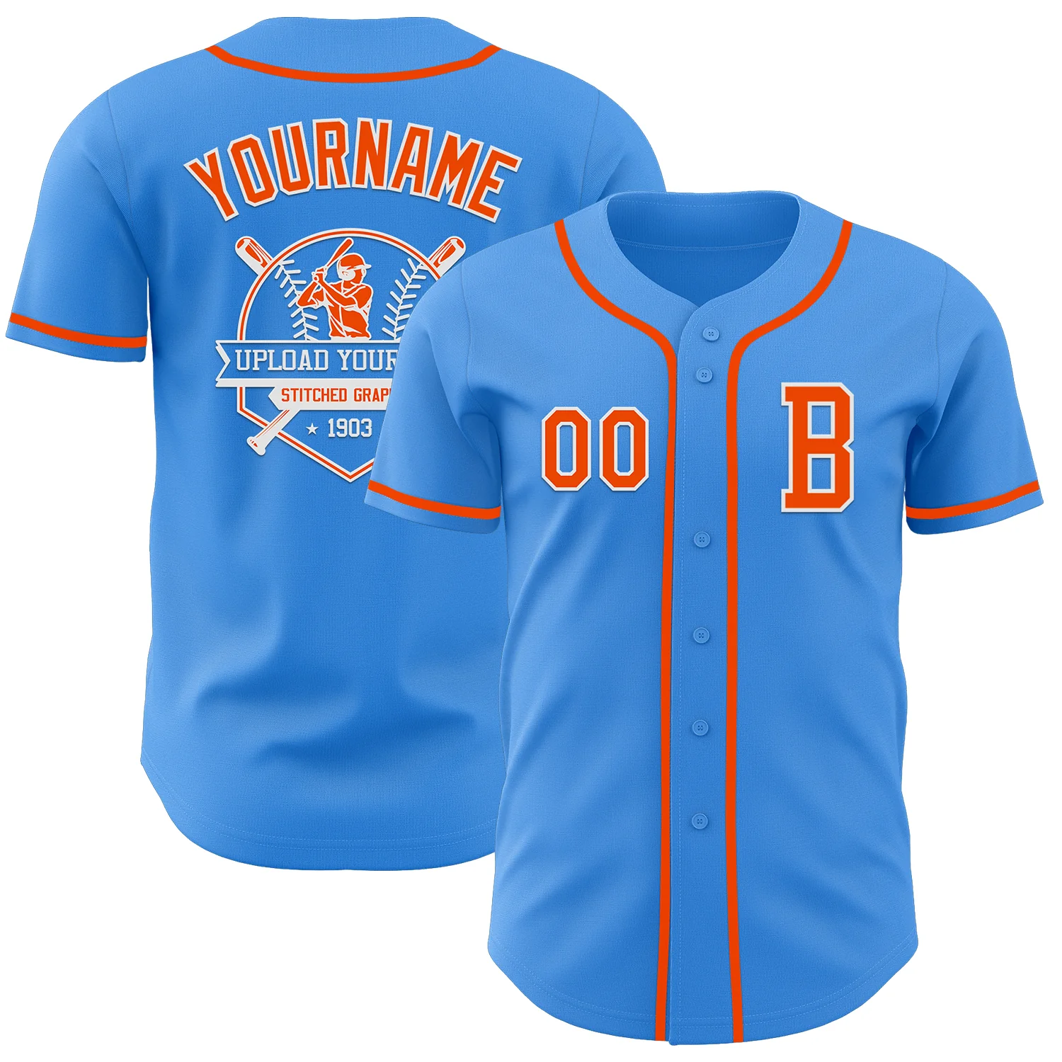 Custom Electric Blue Orange-White Authentic Baseball Jersey - Image 5