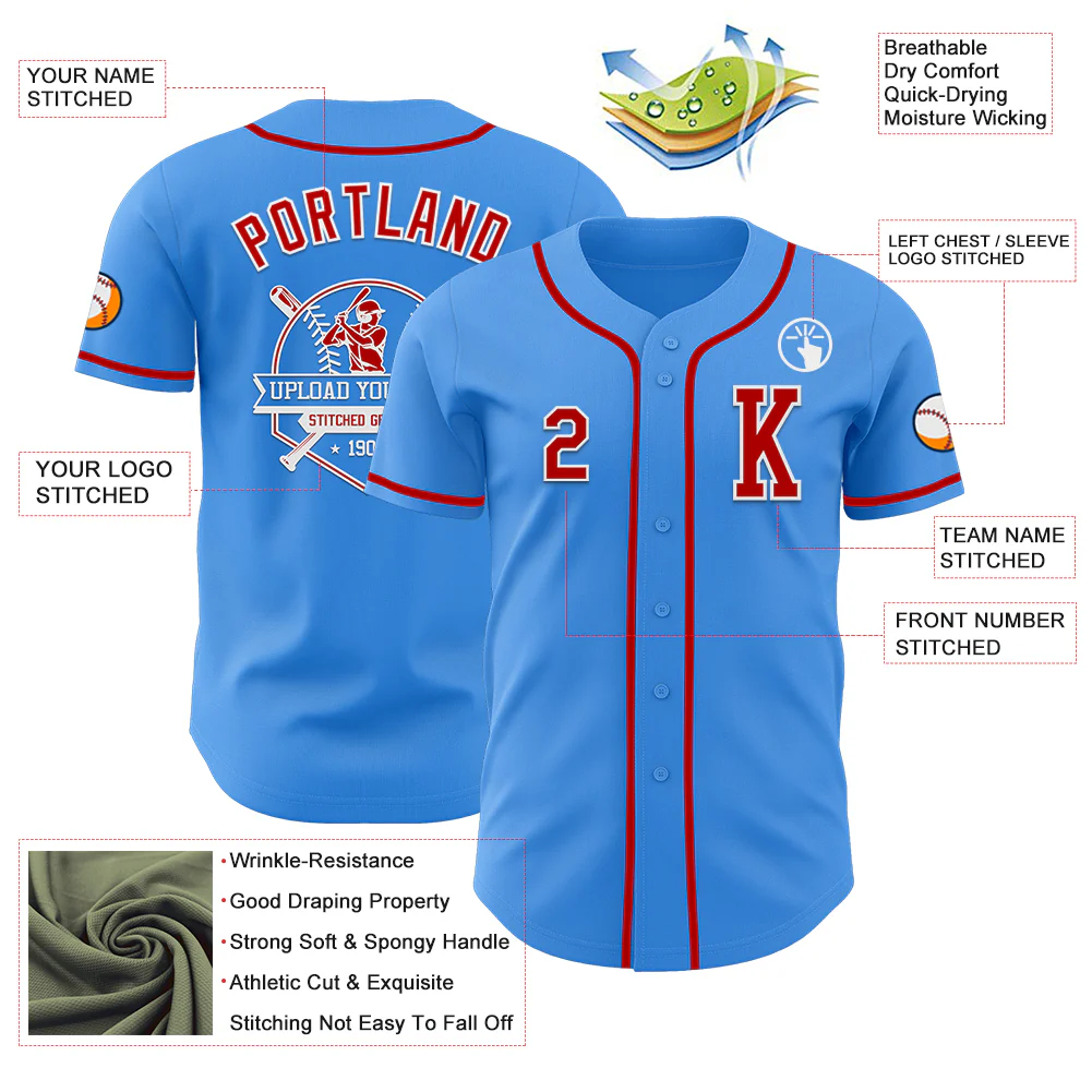 Custom Electric Blue Red-White Authentic Baseball Jersey - Image 6