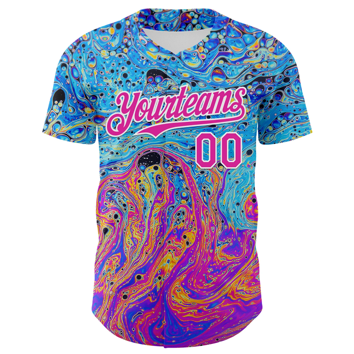 Custom Electric Blue Deep Pink-White 3D Pattern Design Rave Psychedelic Fluid Art Authentic Baseball Jersey - Image 2