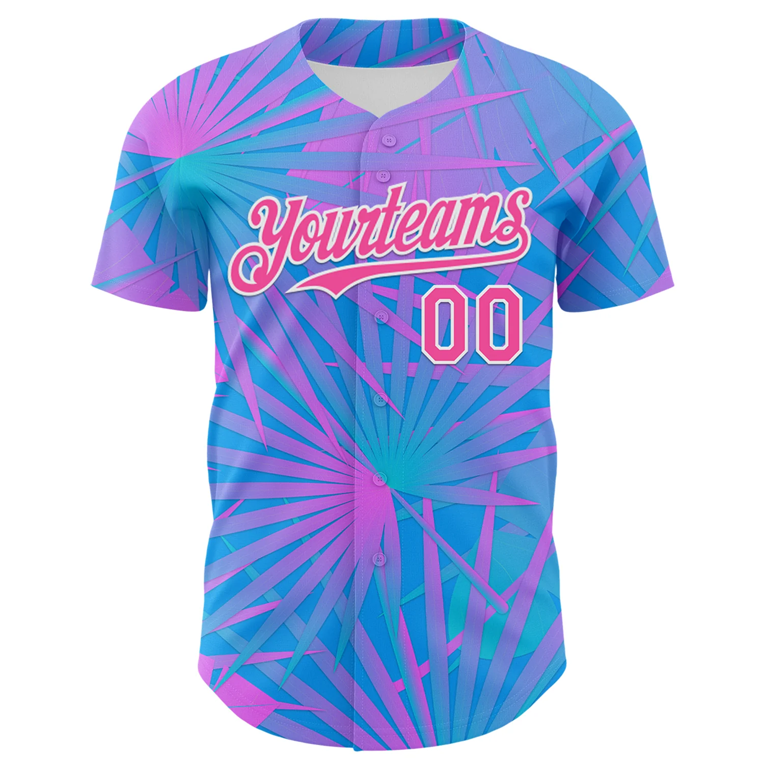 Custom Electric Blue Pink-White 3D Pattern Design Rave Psychedelic Tropical Palm Leaves Authentic Baseball Jersey - Image 2