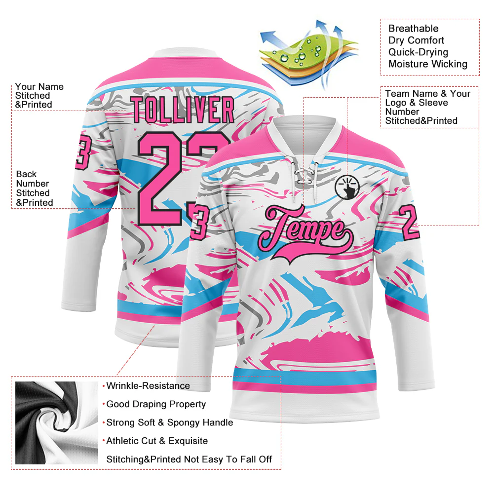 Custom Figure Pink White Sky Blue-Black 3D Pattern Fluid Art Hockey Lace Neck Jersey - Image 3