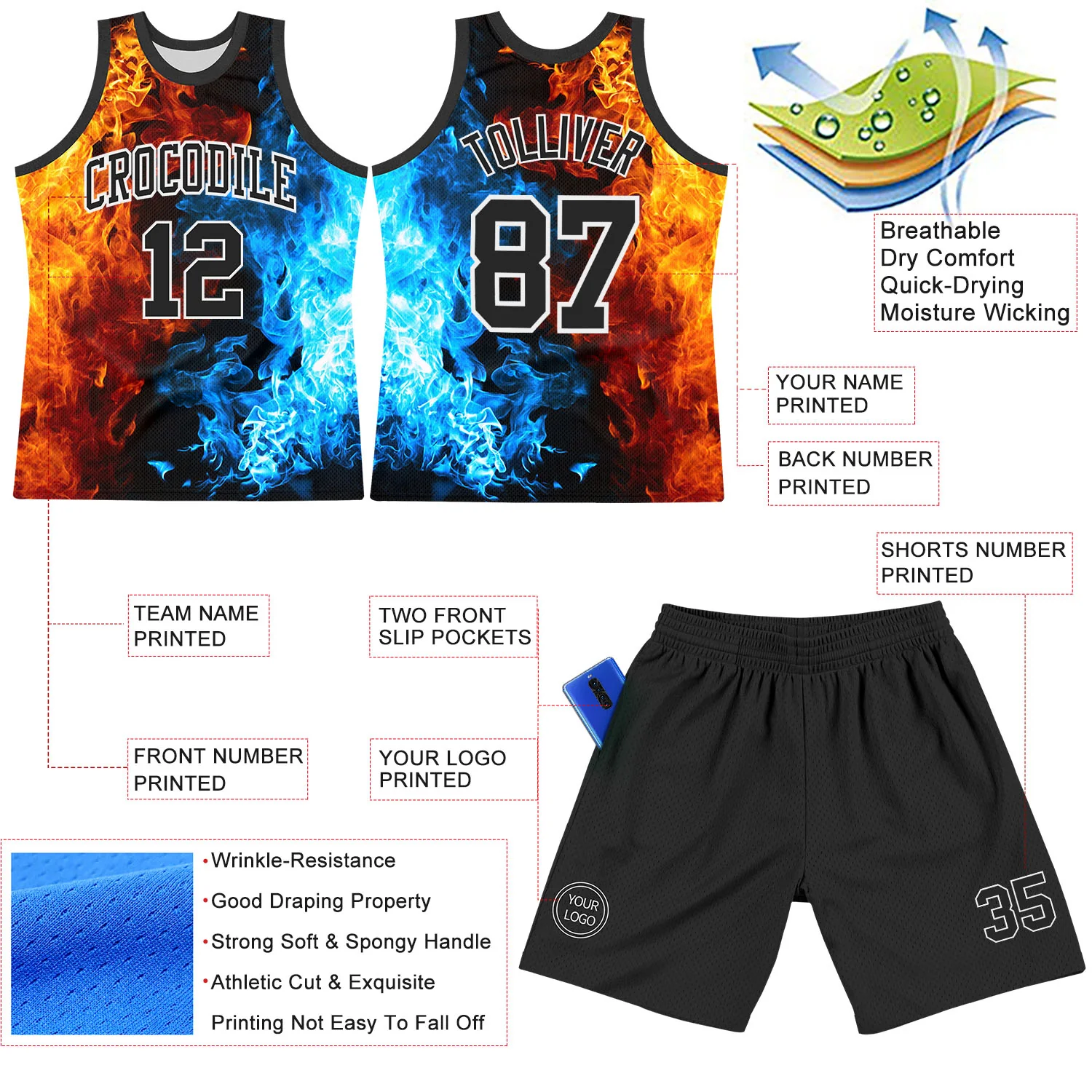 Custom Figure Black-White Flame Round Neck Sublimation Basketball Suit Jersey - Image 3
