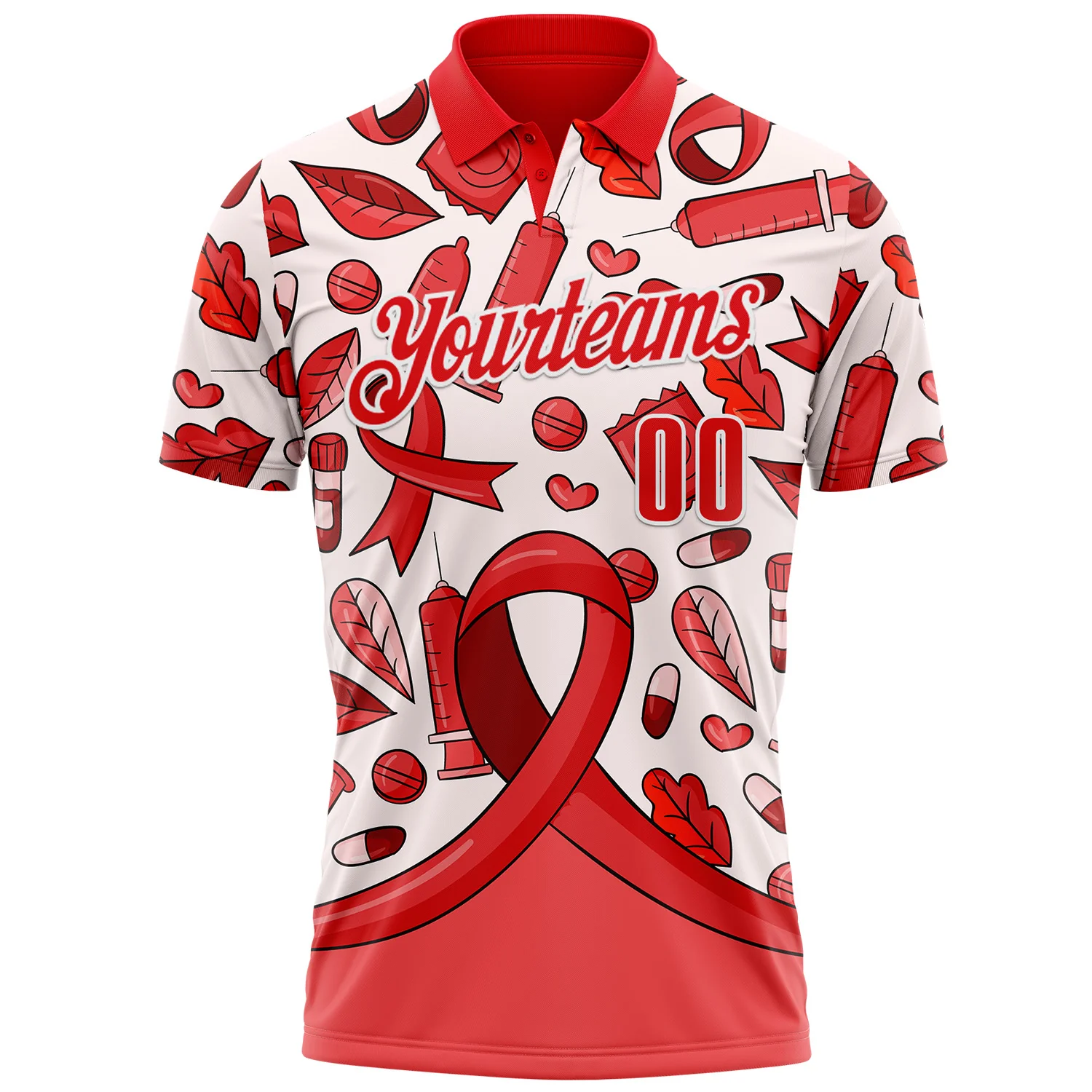 Custom Fire Red White 3D Pattern Design Red Ribbon Blood Cancer Cancer Awareness Performance Polo Shirt - Image 2