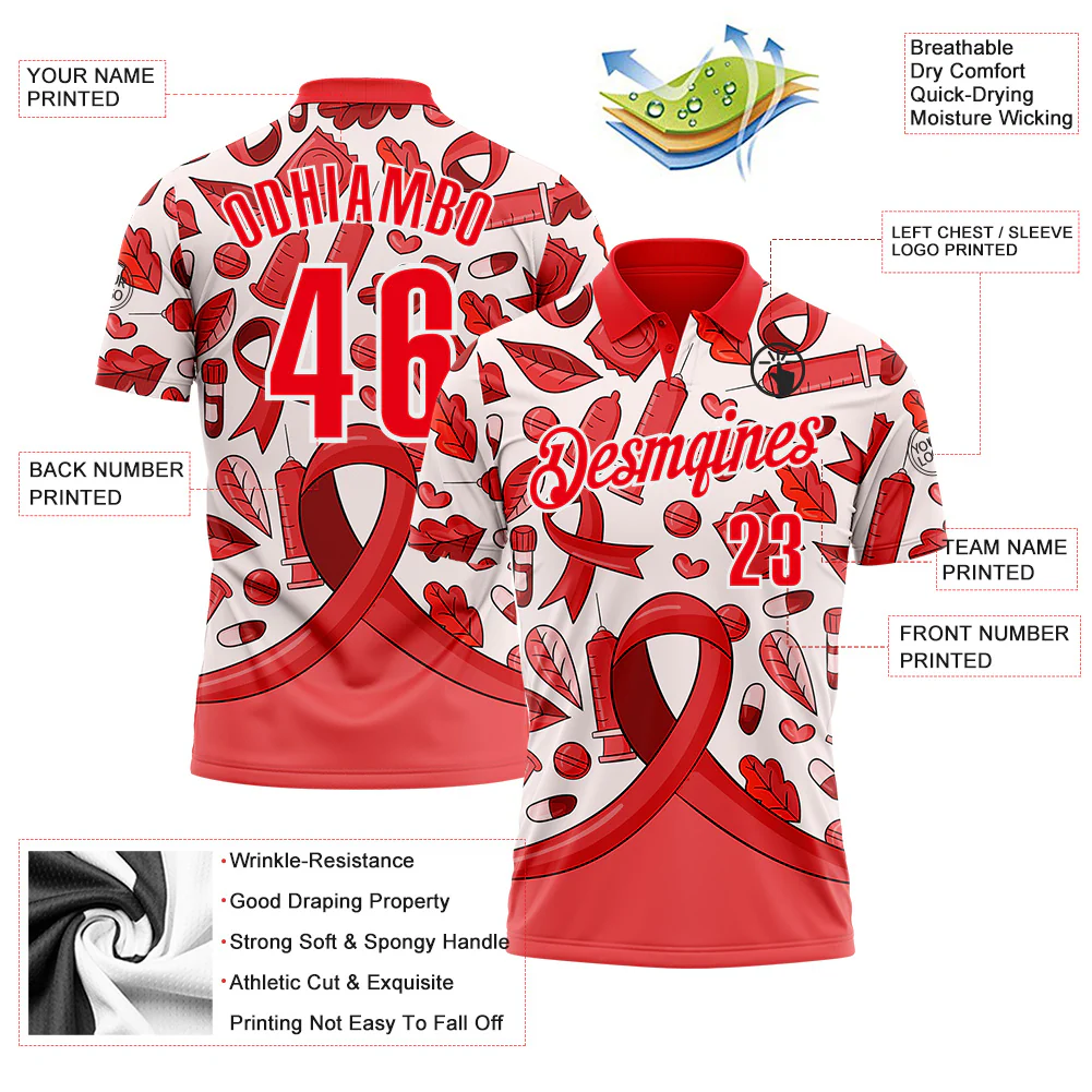 Custom Fire Red White 3D Pattern Design Red Ribbon Blood Cancer Cancer Awareness Performance Polo Shirt - Image 3