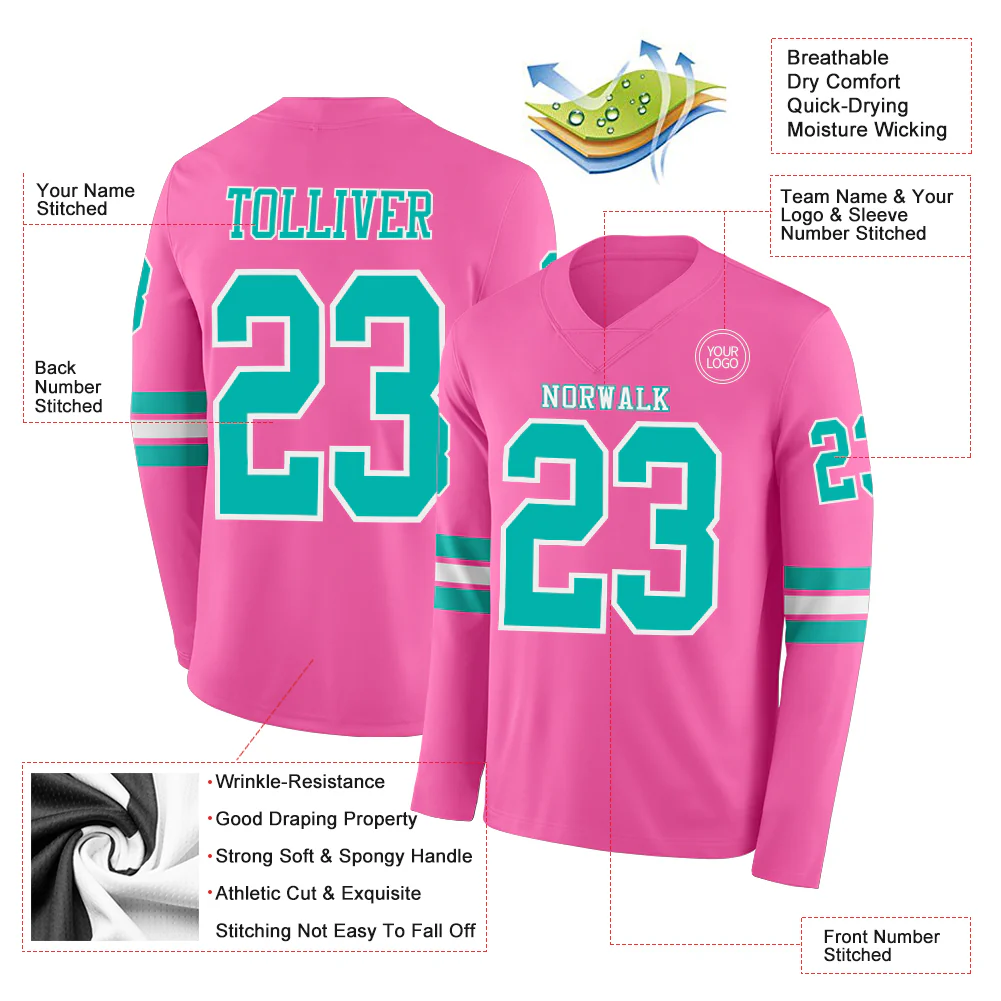 Custom Pink Aqua-White Long Sleeve Authentic Football Jersey - Image 2