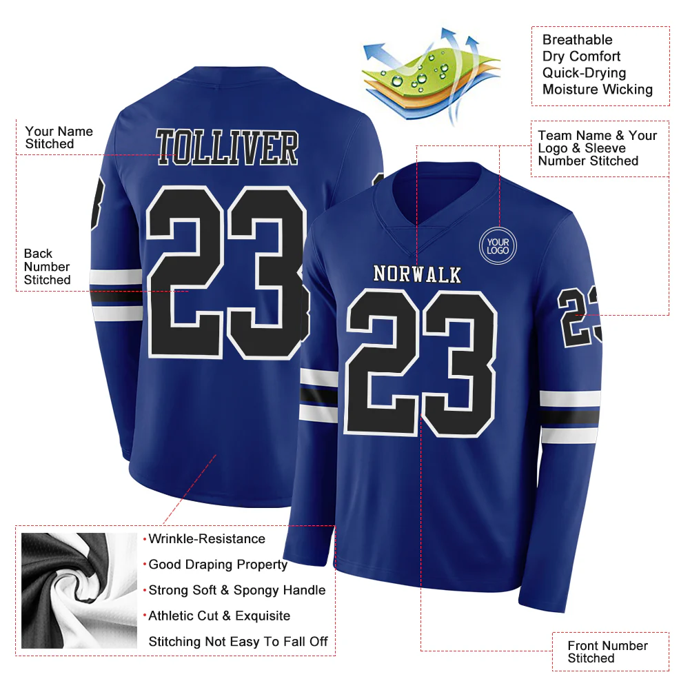 Custom Royal Black-White Long Sleeve Authentic Football Jersey - Image 2