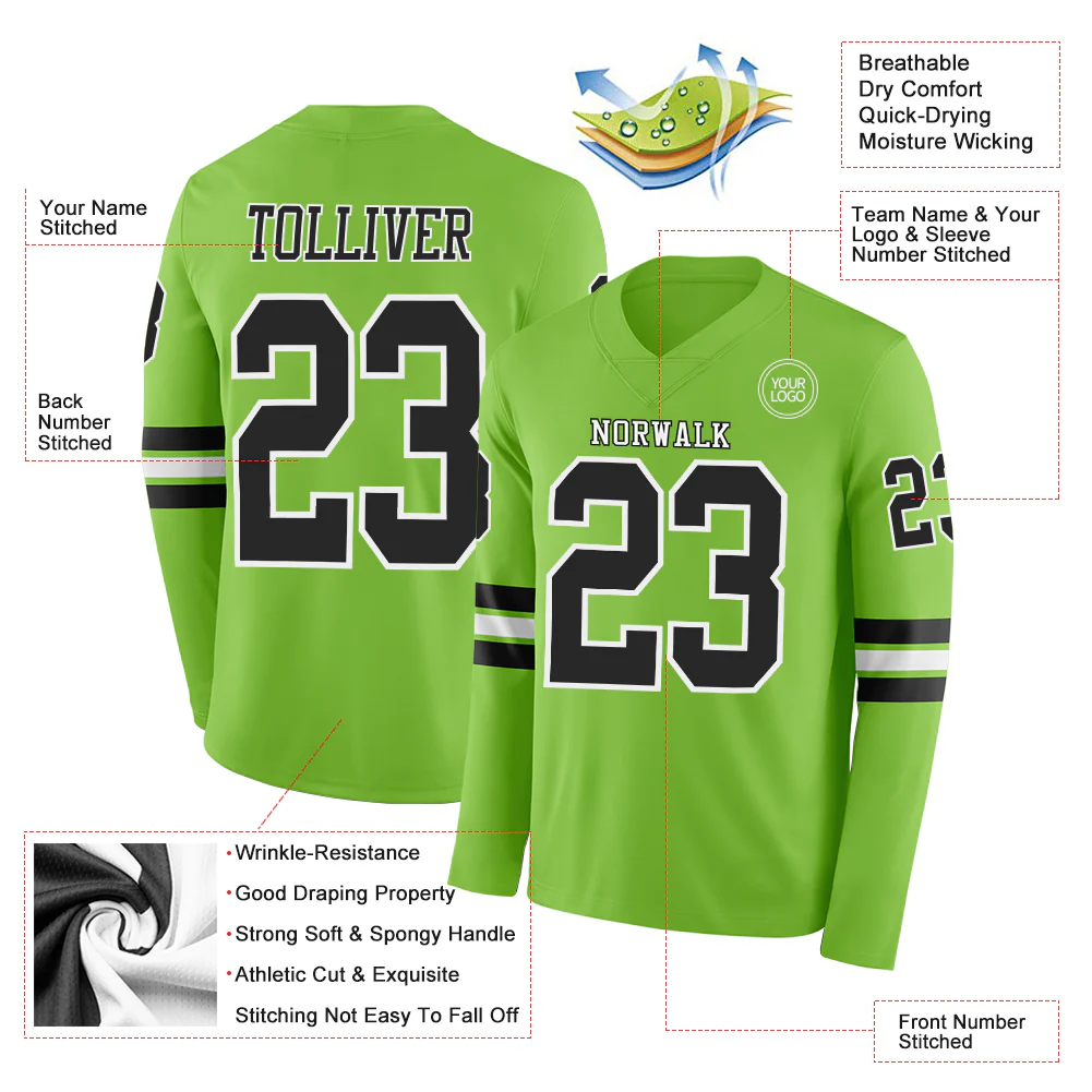 Custom Neon Green Black-White Long Sleeve Authentic Football Jersey - Image 2