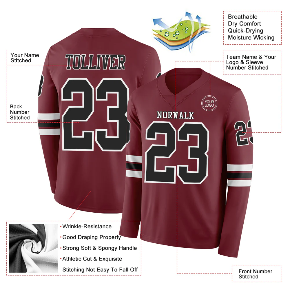 Custom Burgundy Black-White Long Sleeve Authentic Football Jersey - Image 2
