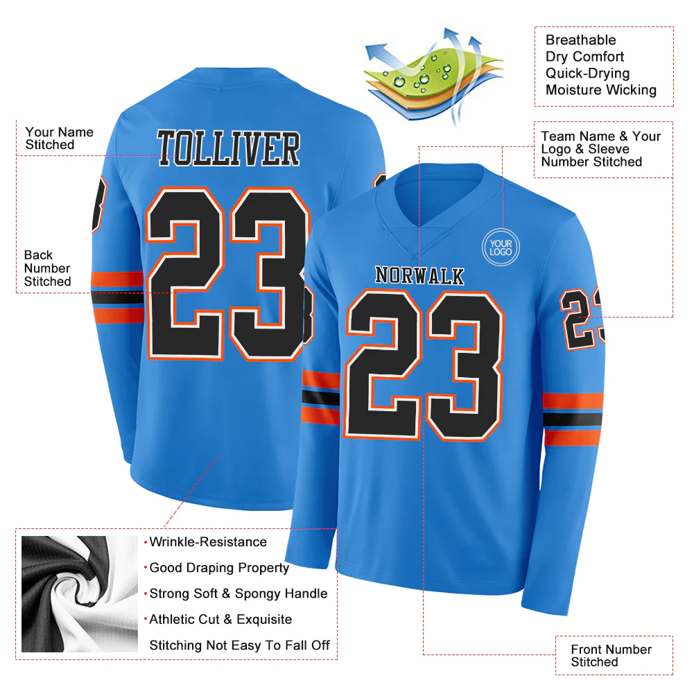 Custom Powder Blue Black White-Orange Long Sleeve Authentic Football Jersey - Image 2