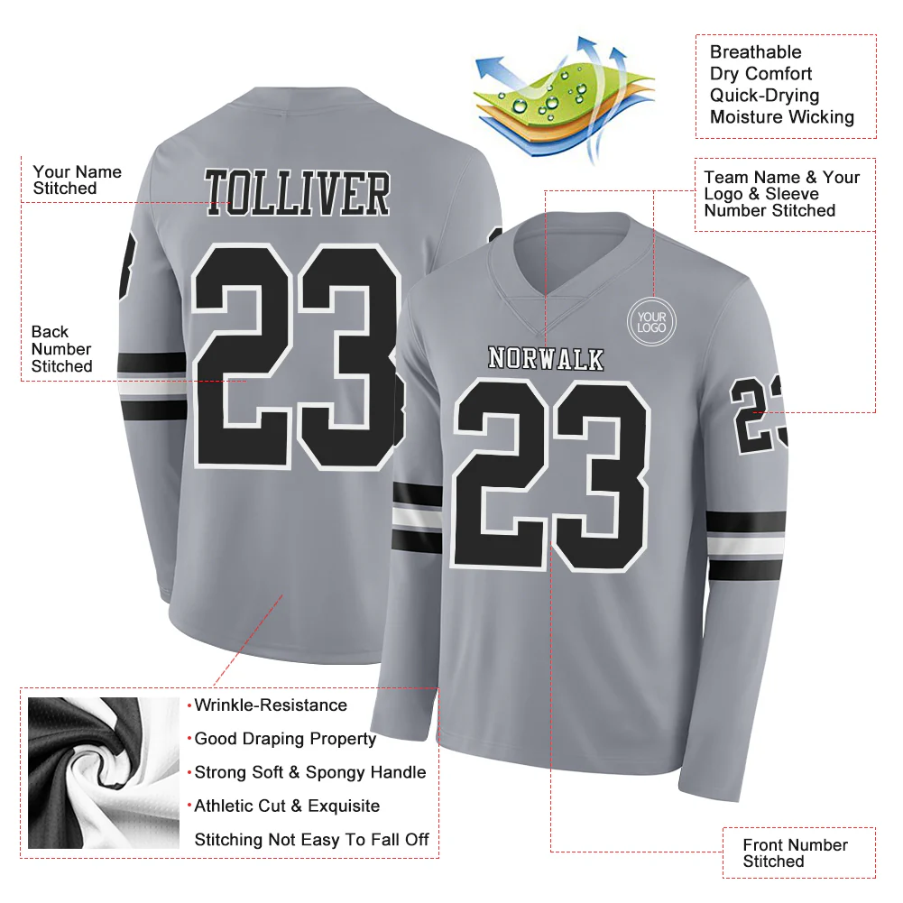 Custom Gray Black-White Long Sleeve Authentic Football Jersey - Image 2