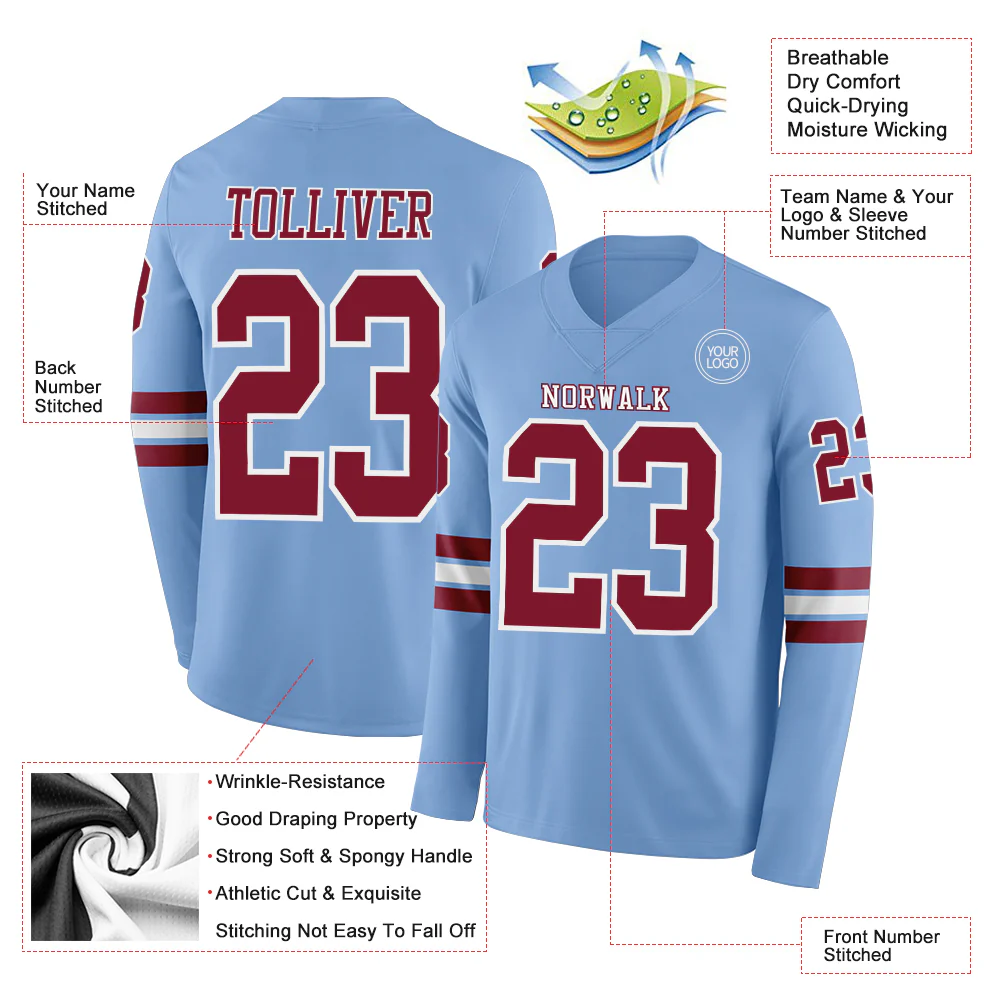 Custom Light Blue Crimson-White Long Sleeve Authentic Football Jersey - Image 2