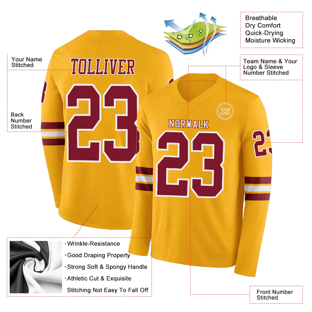 Custom Gold Crimson-White Long Sleeve Authentic Football Jersey - Image 2