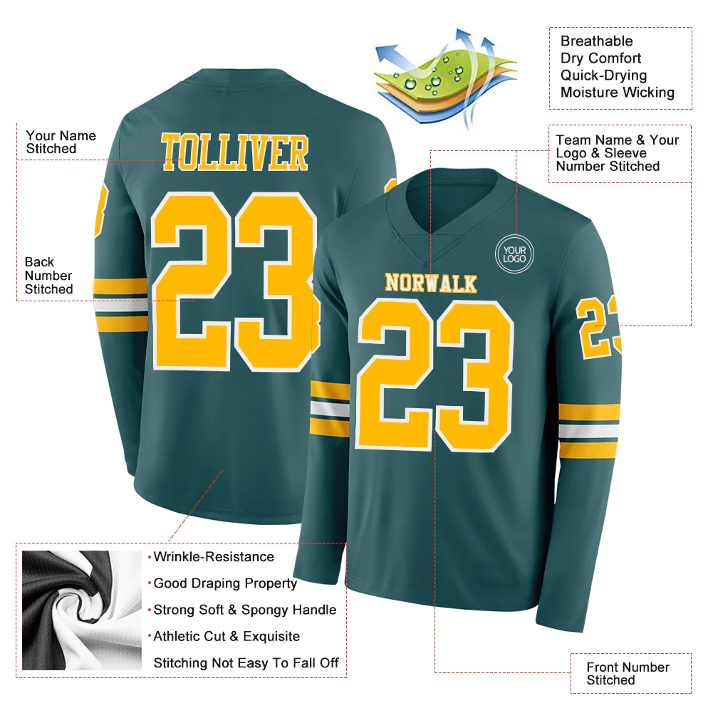 Custom Midnight Green Gold-White Long Sleeve Authentic Football Jersey - Image 2