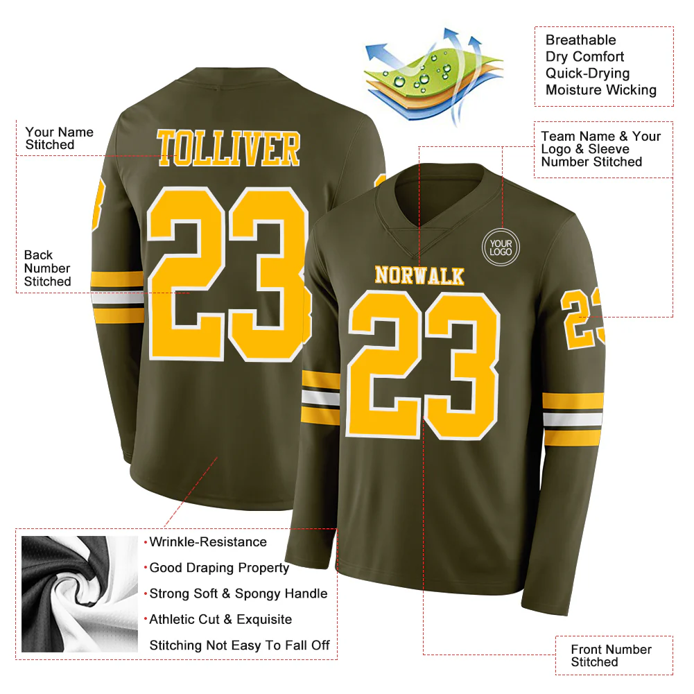 Custom Olive Gold-White Long Sleeve Salute To Service Authentic Football Jersey - Image 2