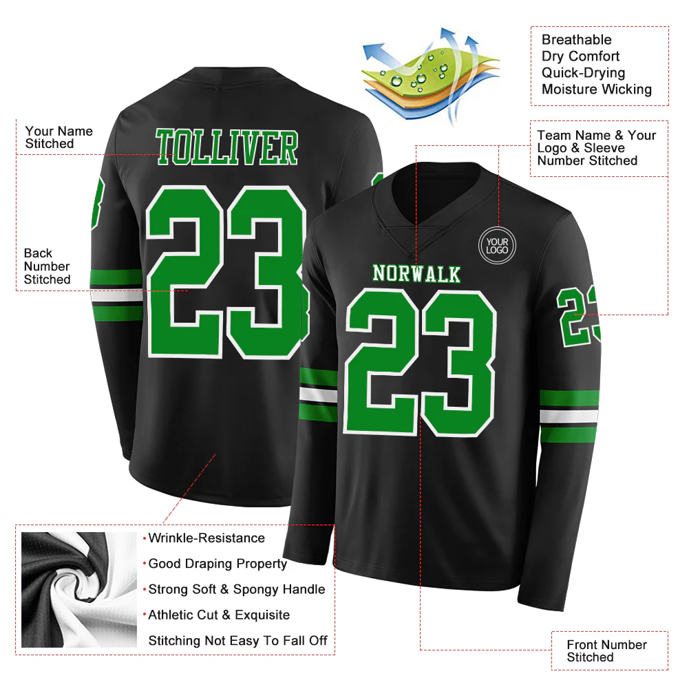 Custom Black Grass Green-White Long Sleeve Authentic Football Jersey - Image 2