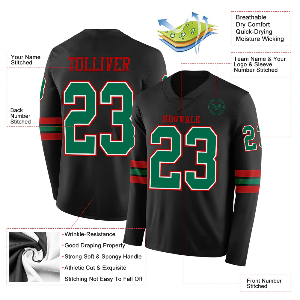 Custom Black Kelly Green White-Red Long Sleeve Authentic Football Jersey - Image 2