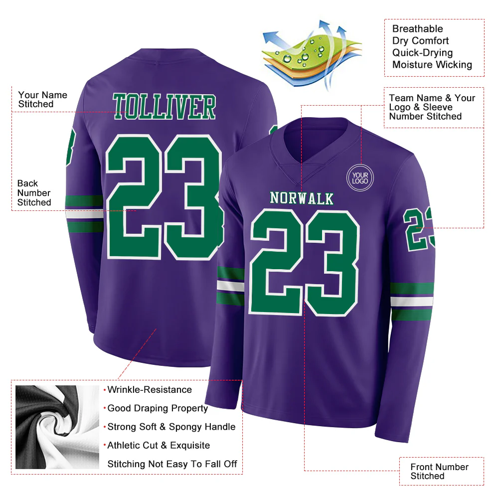 Custom Purple Kelly Green-White Long Sleeve Authentic Football Jersey - Image 2