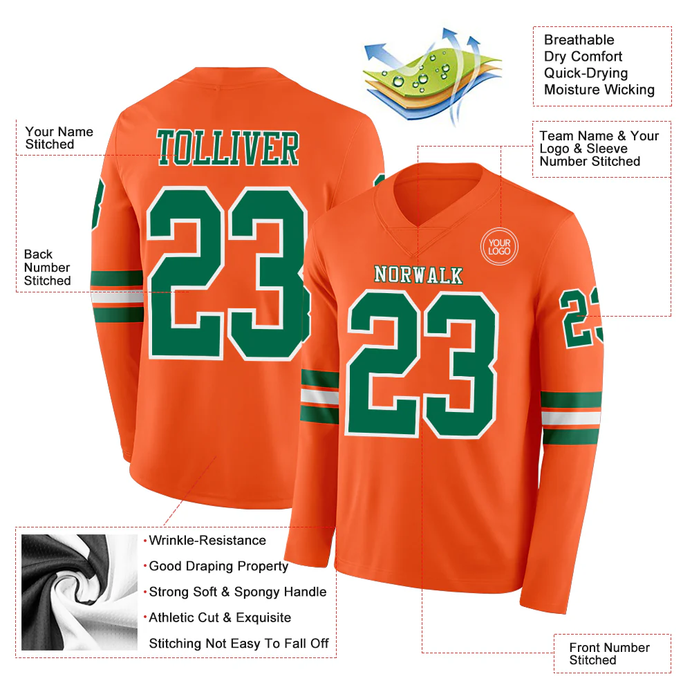 Custom Orange Kelly Green-White Long Sleeve Authentic Football Jersey - Image 2