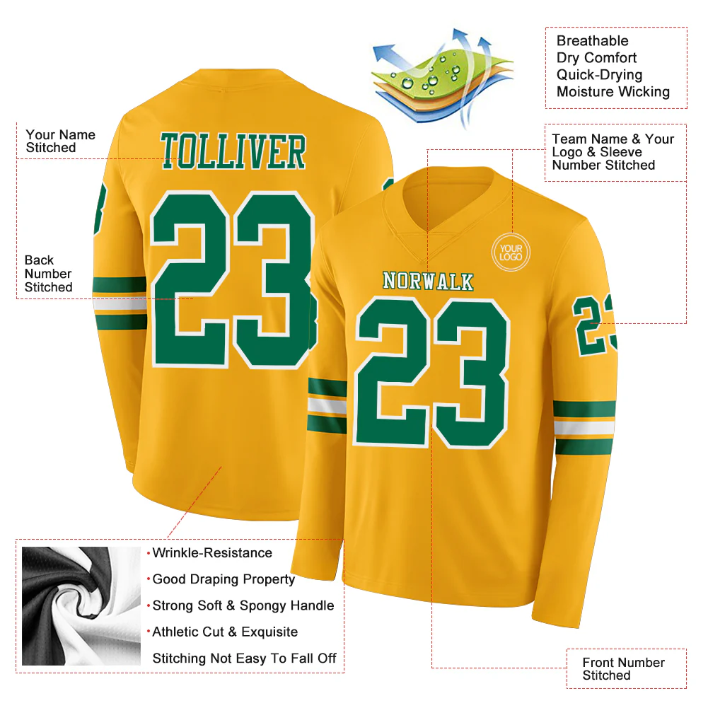 Custom Gold Kelly Green-White Long Sleeve Authentic Football Jersey - Image 2