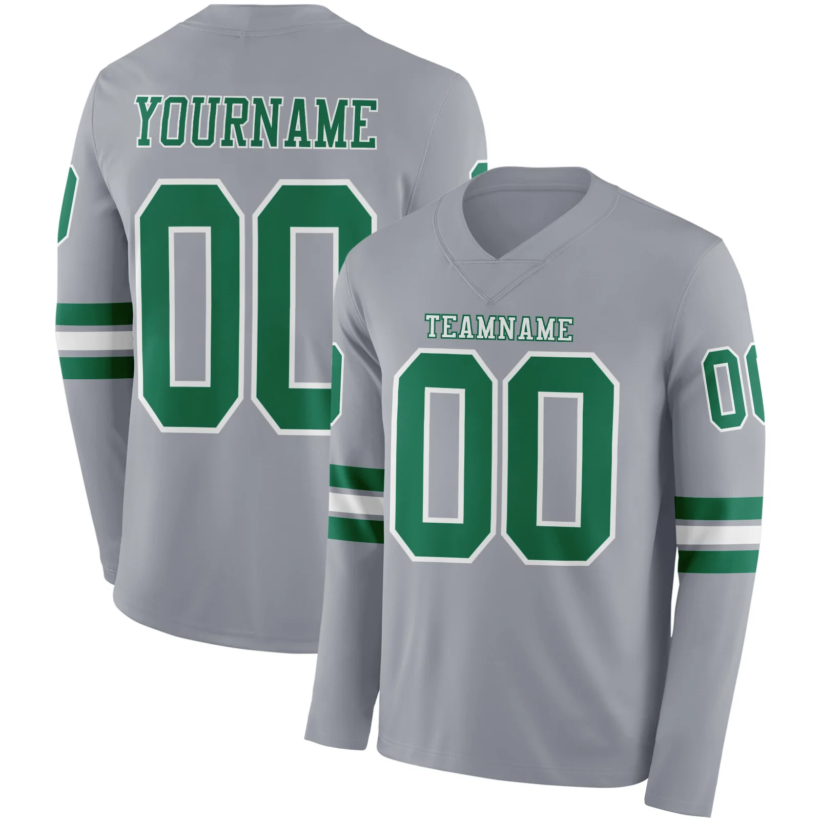 Custom Gray Kelly Green-White Long Sleeve Authentic Football Jersey