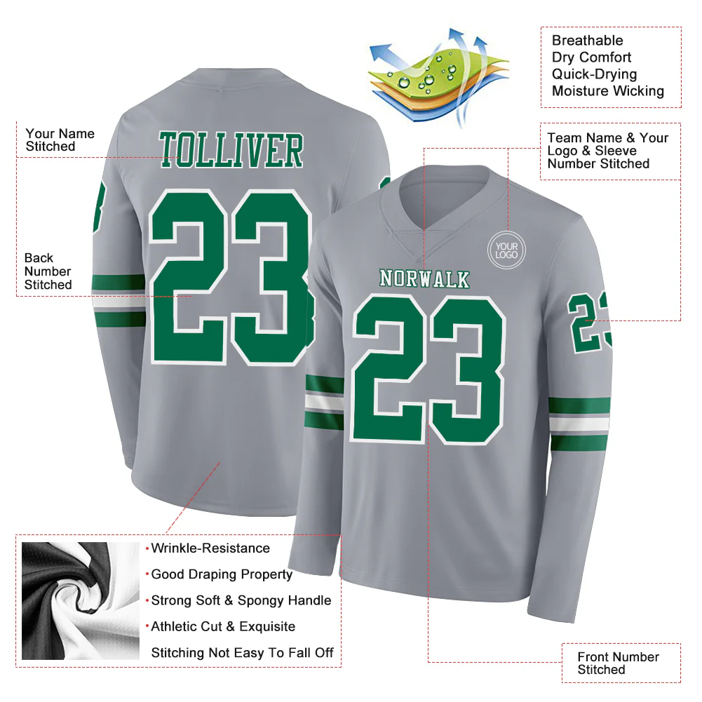 Custom Gray Kelly Green-White Long Sleeve Authentic Football Jersey - Image 2