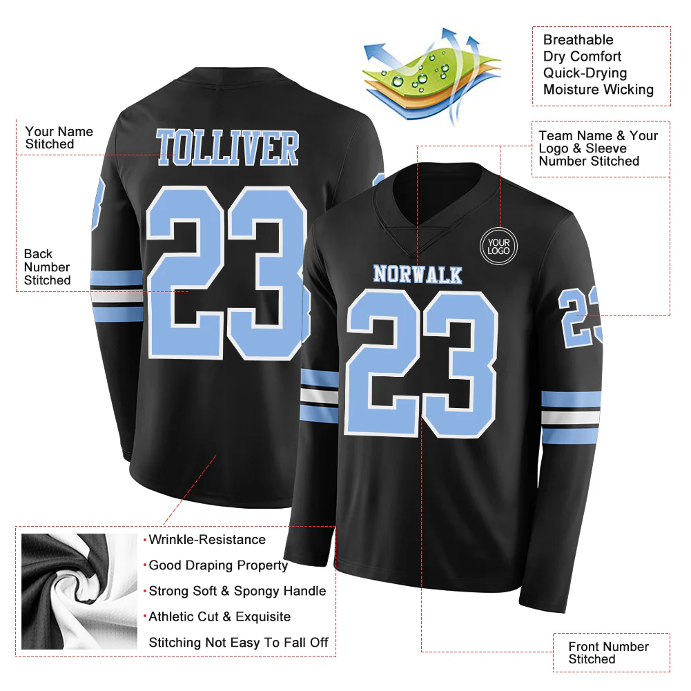 Custom Black Light Blue-White Long Sleeve Authentic Football Jersey - Image 2