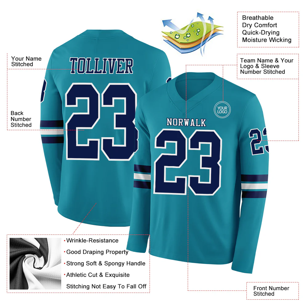 Custom Teal Navy-White Long Sleeve Authentic Football Jersey - Image 2
