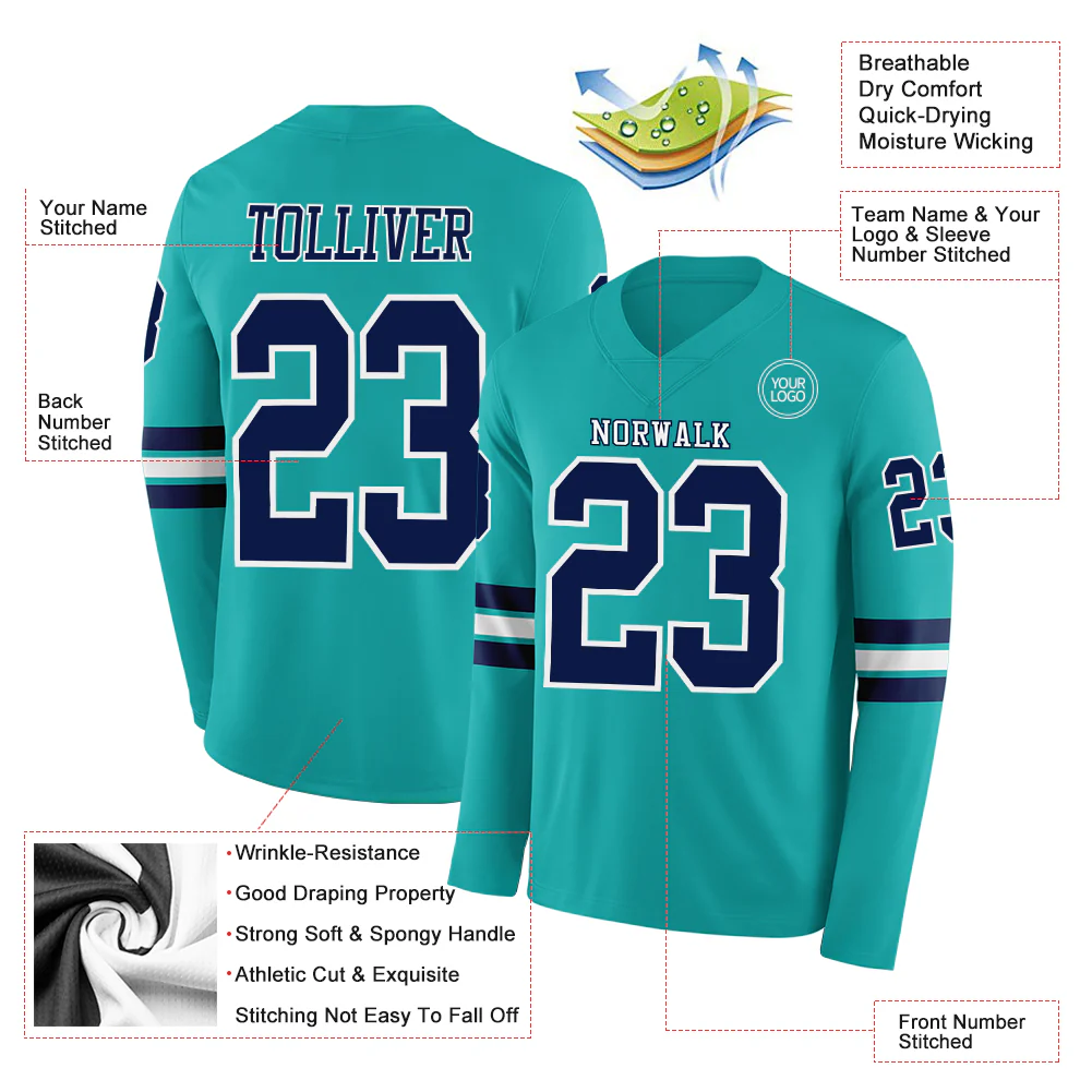 Custom Aqua Navy-White Long Sleeve Authentic Football Jersey - Image 2